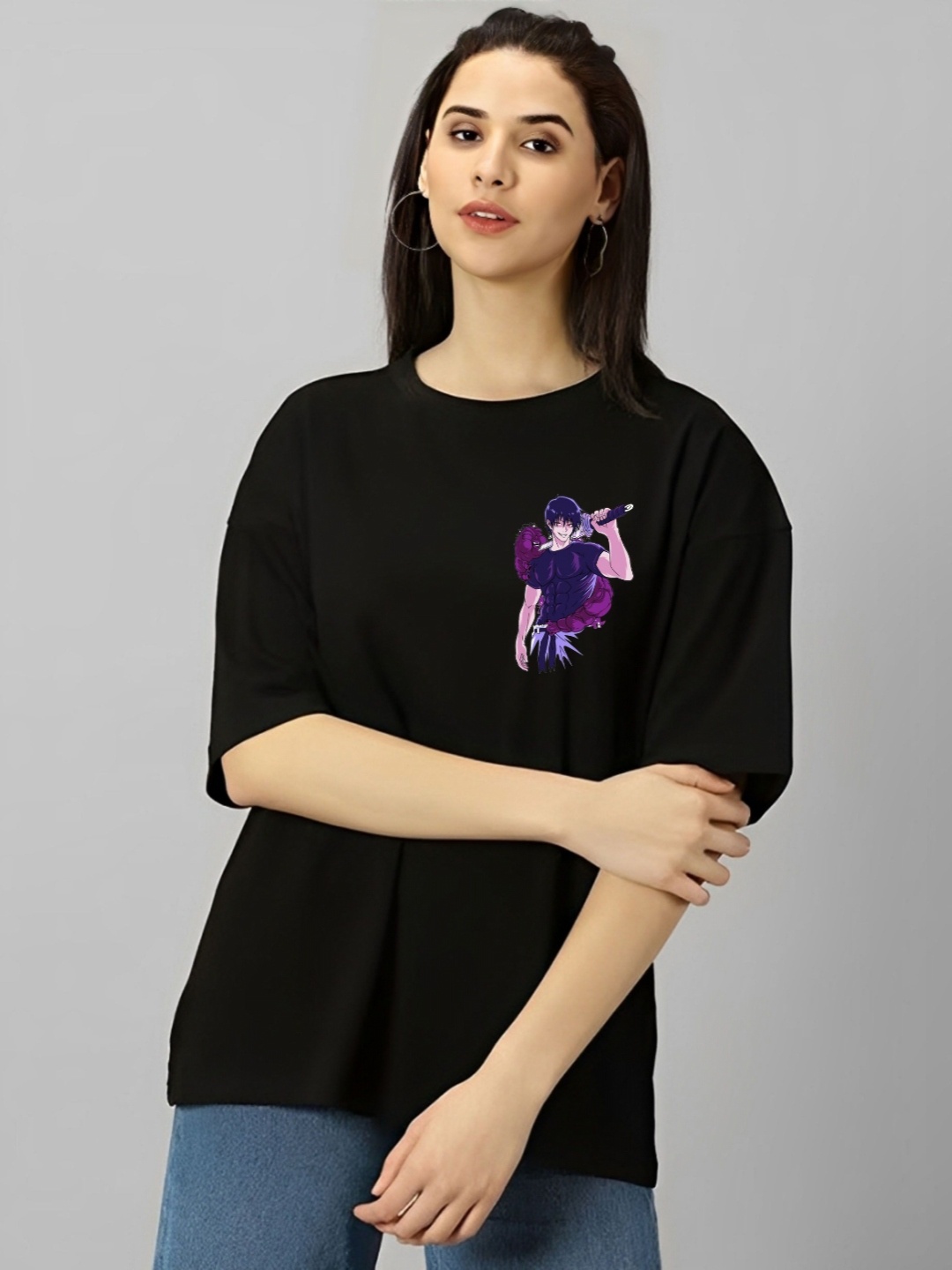 

Kushi Flyer Women Graphic Printed Round Neck Cotton Oversized T-shirt, Black