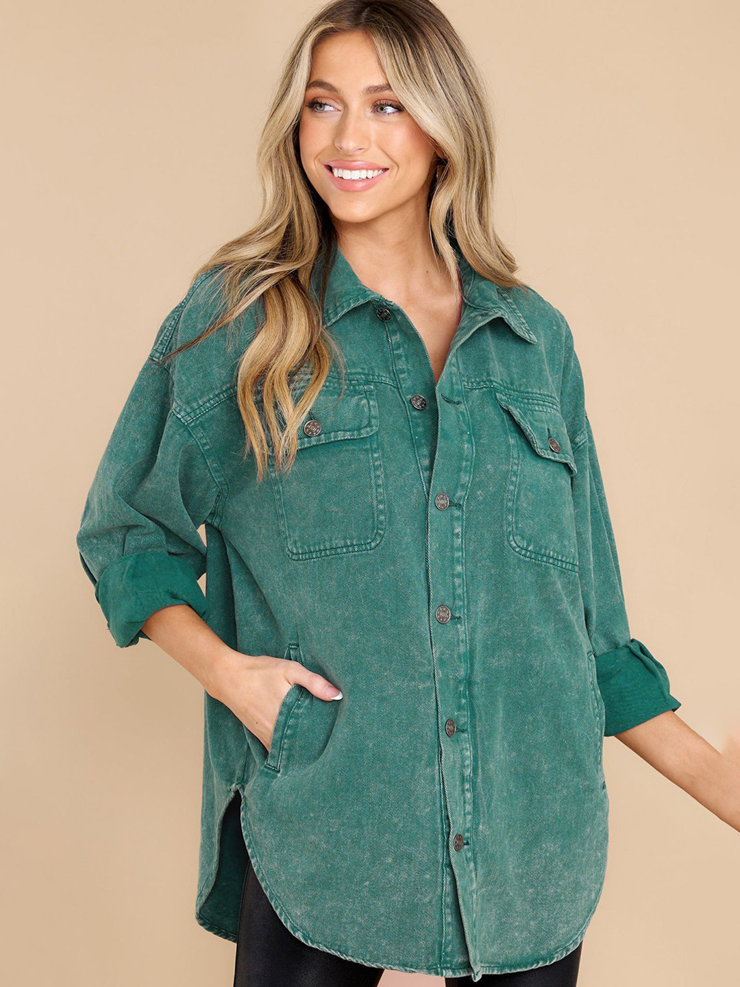 

StyleCast Women Relaxed Fit Spread Collar Solid Cotton Casual Shirt, Green