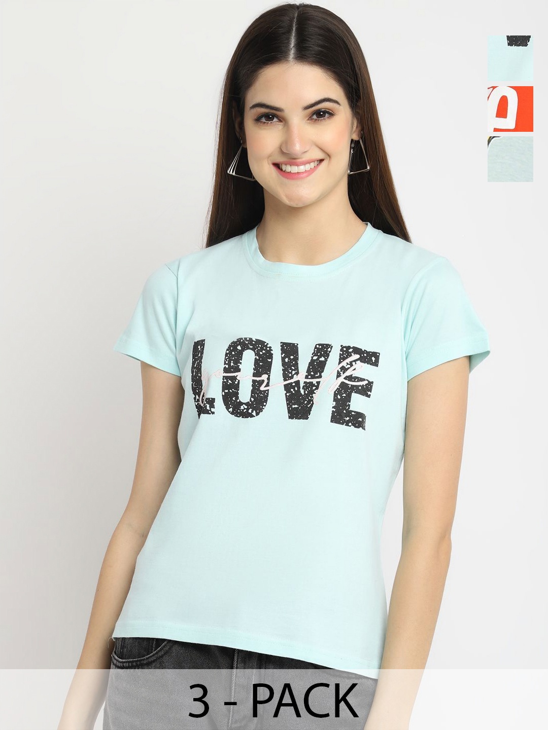 

Dreambe Women Pack of 3 Typography Printed Round Neck Cotton T-shirts, Turquoise blue