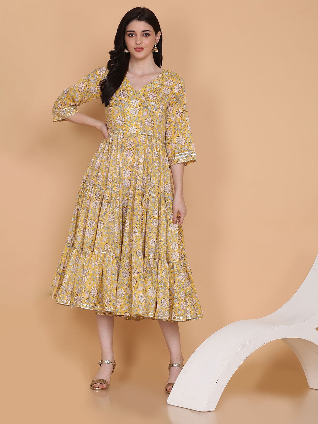 

KALINI Women Floral Printed V-Neck Midi Fit & Flare Dress, Yellow