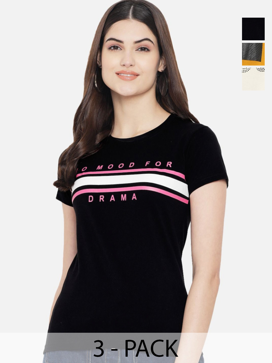 

Dreambe Pack Of 3 Typography Printed Round Neck Short Sleeves Cotton T-shirt, Black