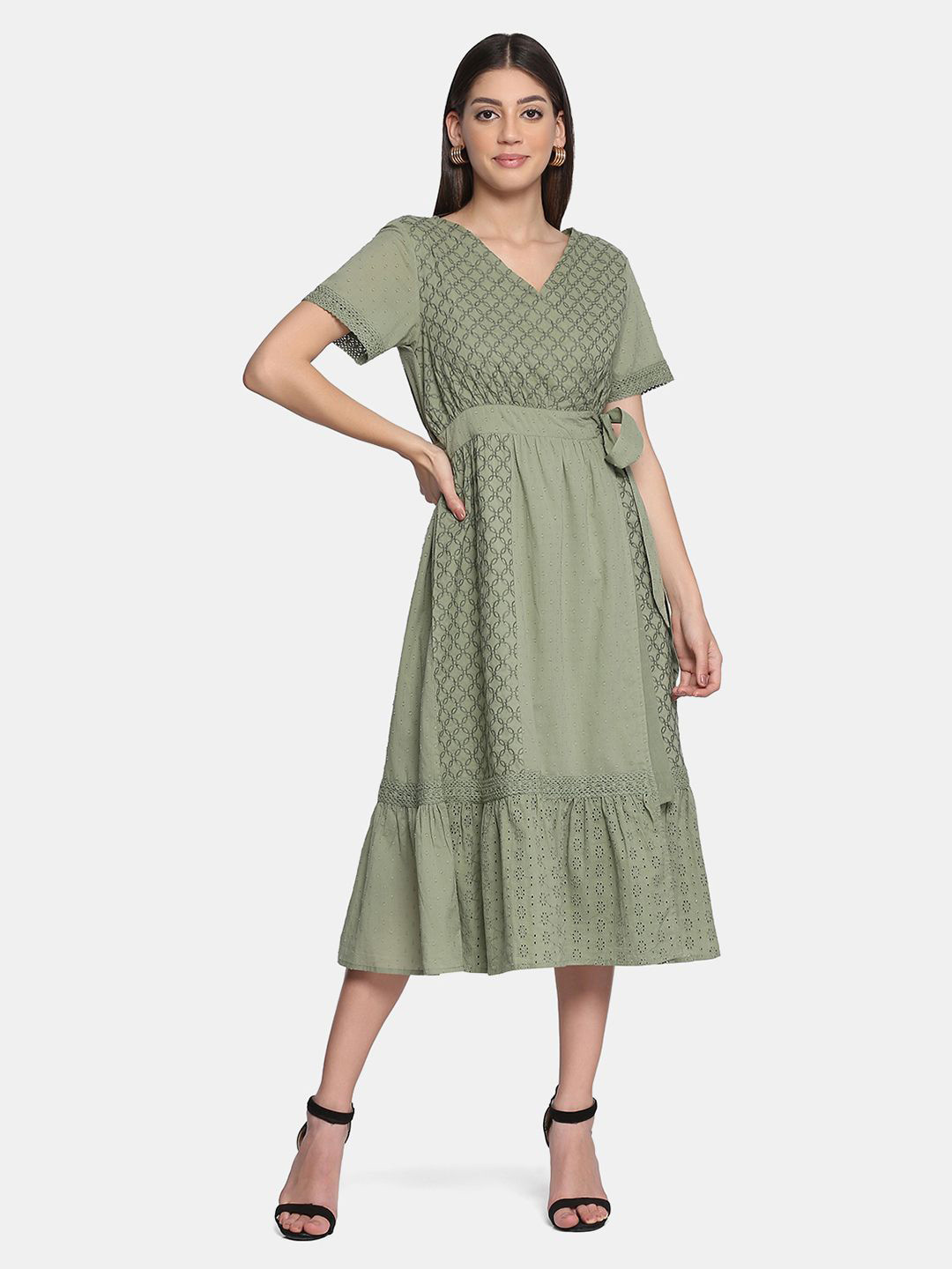

KALINI Women Self Design V-Neck Short Sleeves Midi A-Line Dress, Green