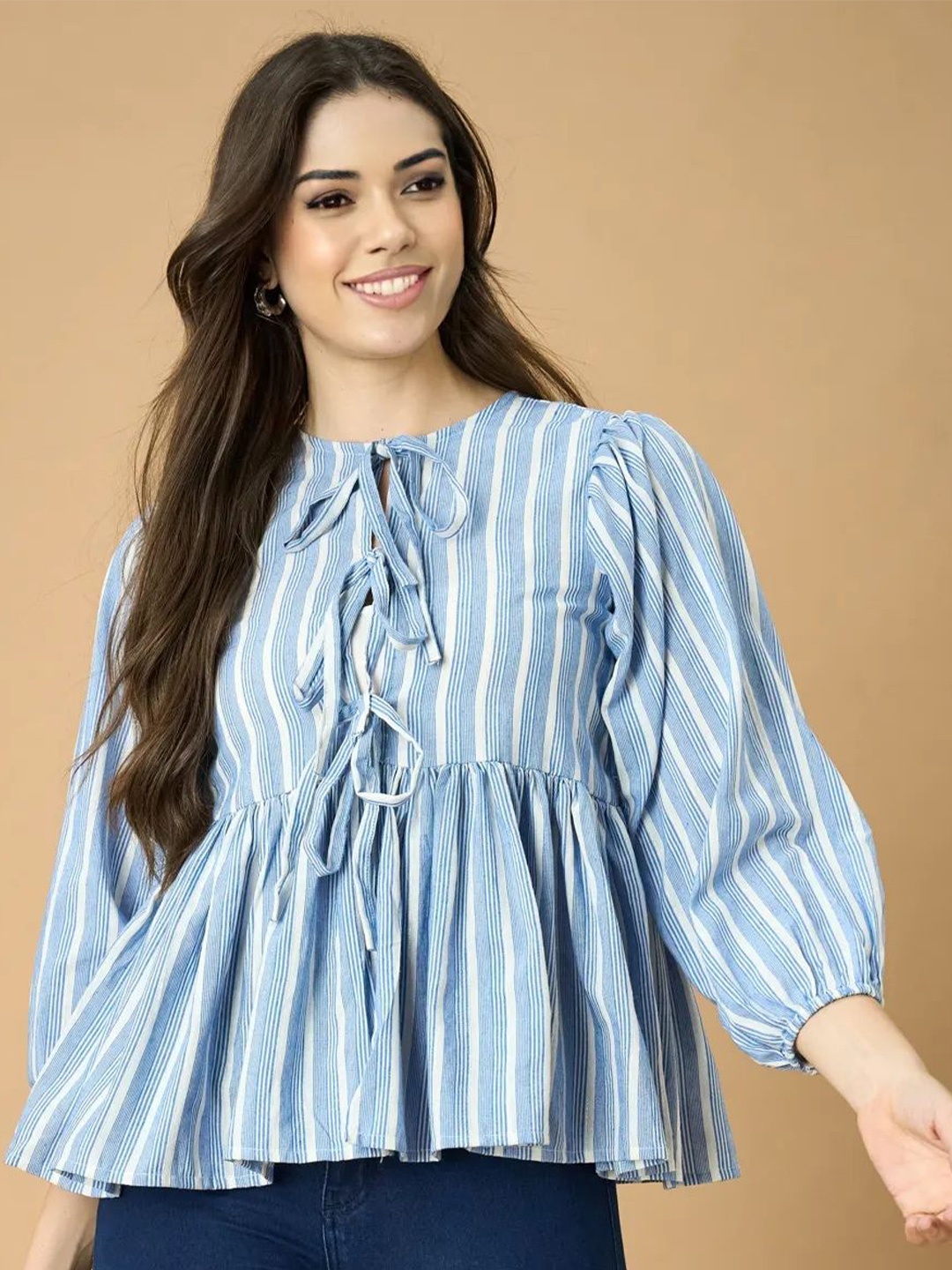 

all about you Vertical Stripes Tie-Up Neck Puff Sleeve Cotton Peplum Top, Blue