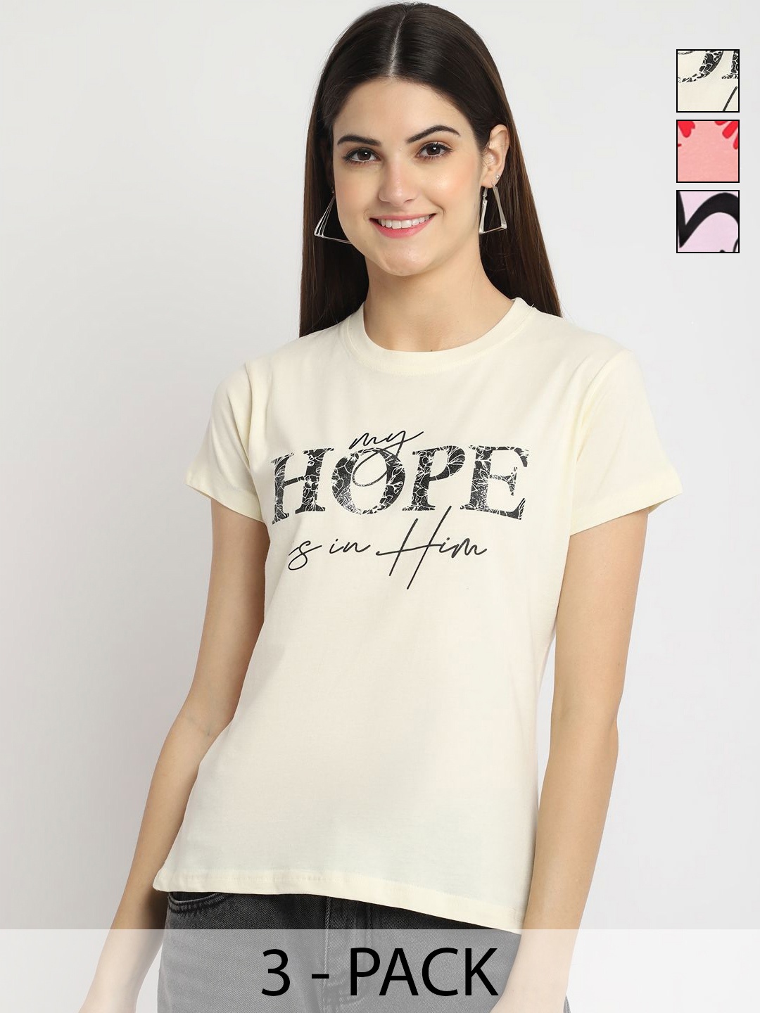 

Dreambe Women Pack of 3 Typography Printed Round Neck Cotton T-shirts, Cream
