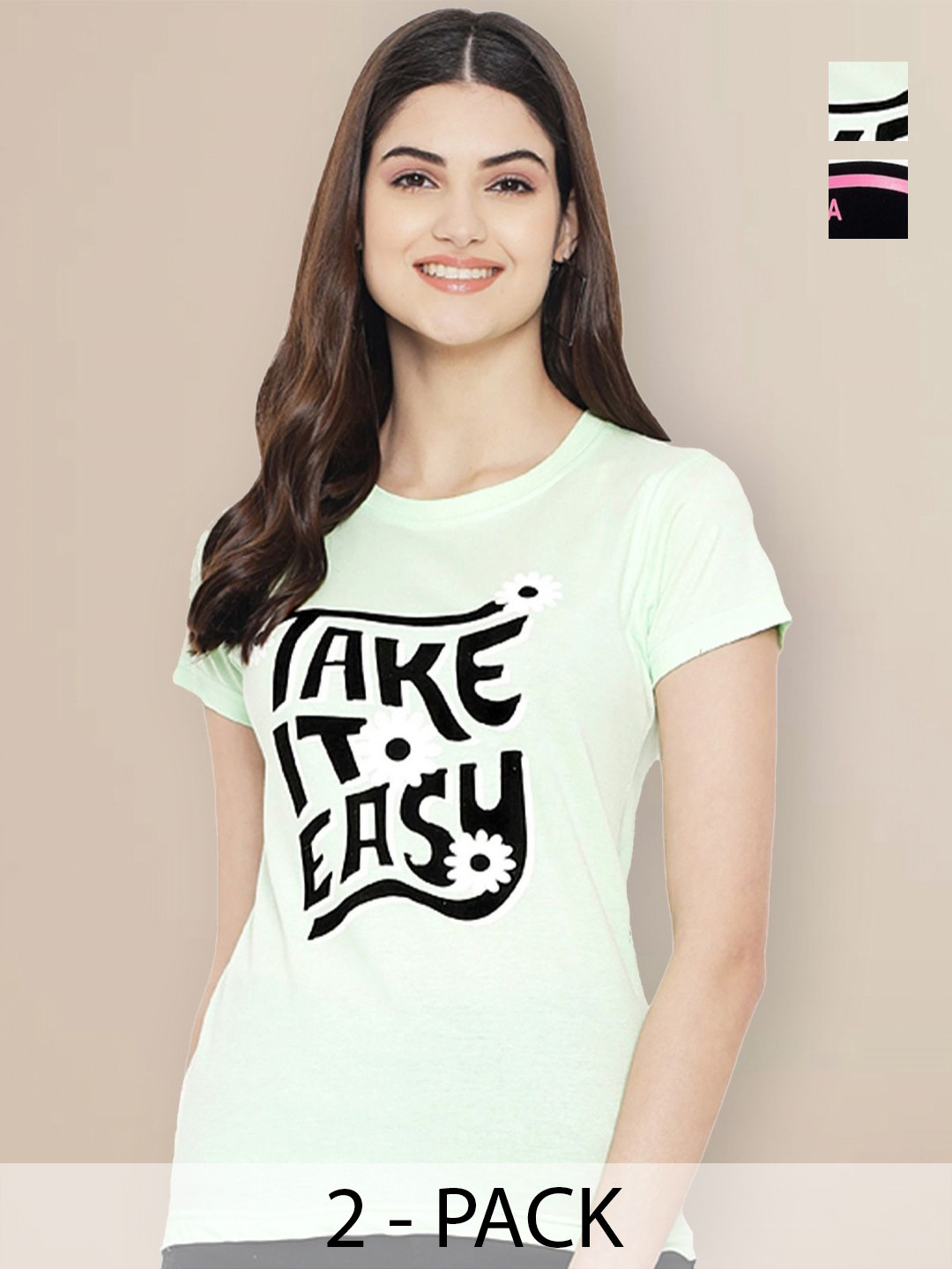 

GLOBAL NOMAD Women Pack of 2 Typography Printed Round Neck Cotton T-shirts, Green