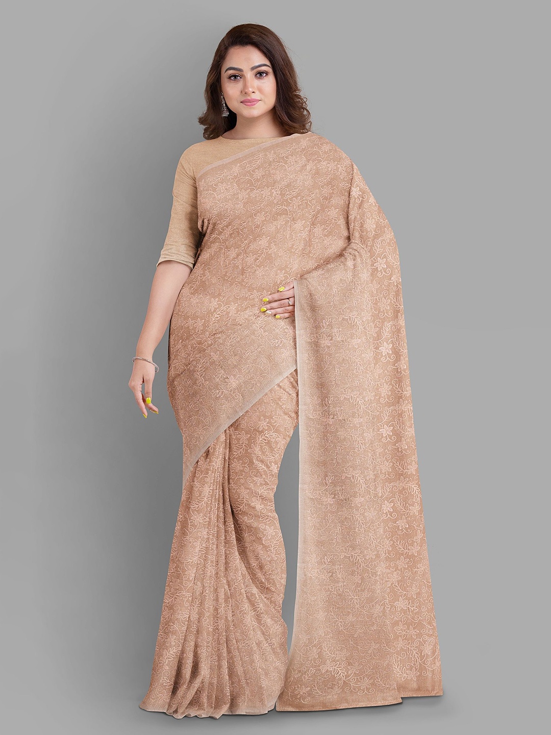 

The Chennai Silks Floral Embroidered Tissue Banarasi Saree, Beige
