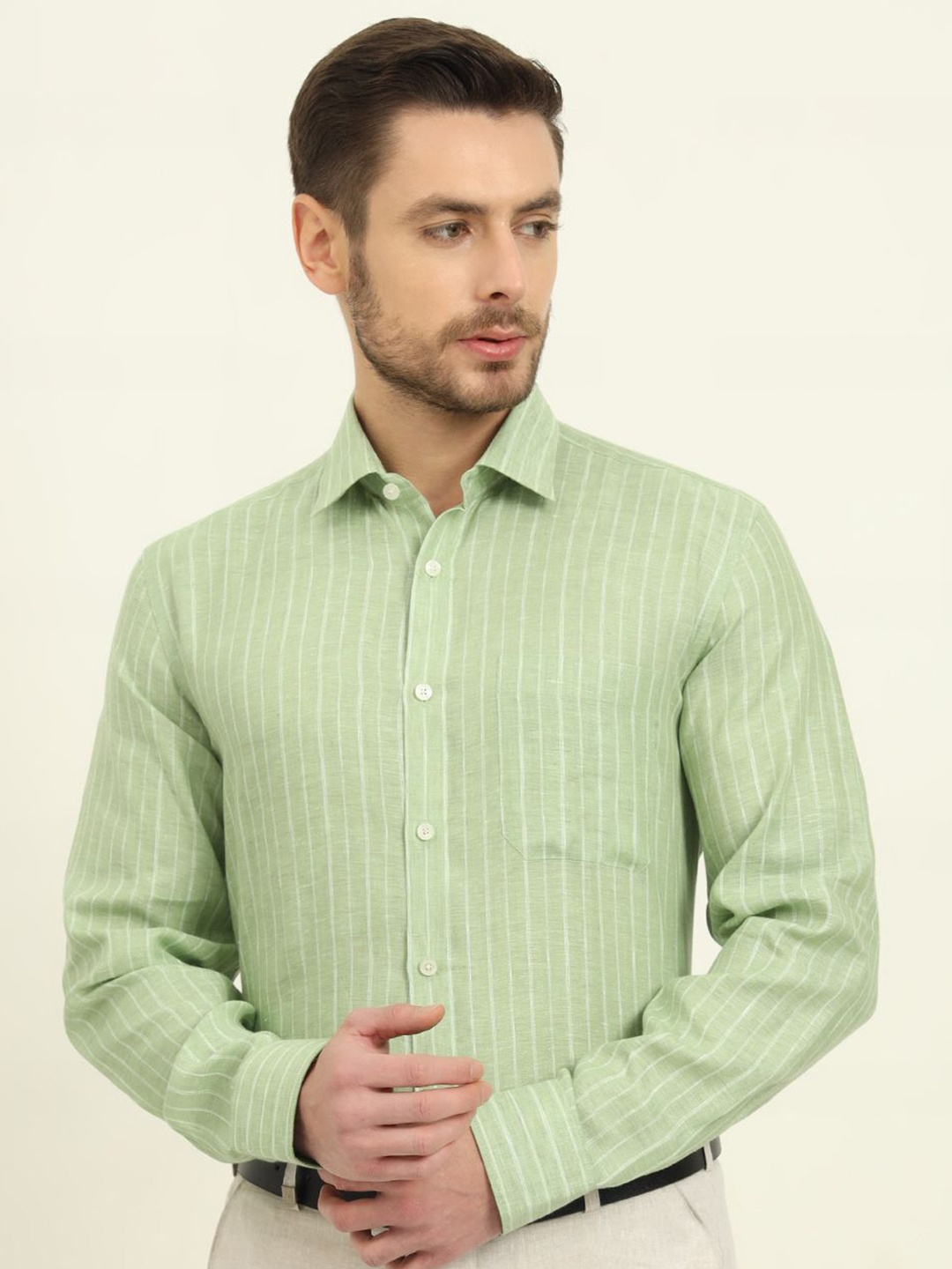 

JADE BLUE Men Regular Fit Spread Collar Vertical Striped Linen Formal Shirt, Green