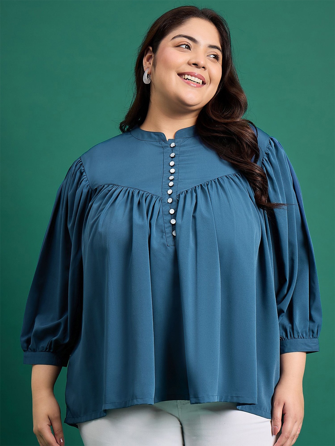 

DressBerry Curve Women Plus Size Mandarin Collar Long Sleeves A-Line Top, Blue