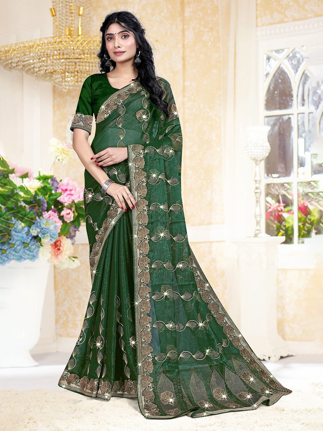 

ANJANI TEXTILE Floral Embroidered Tissue Saree, Green