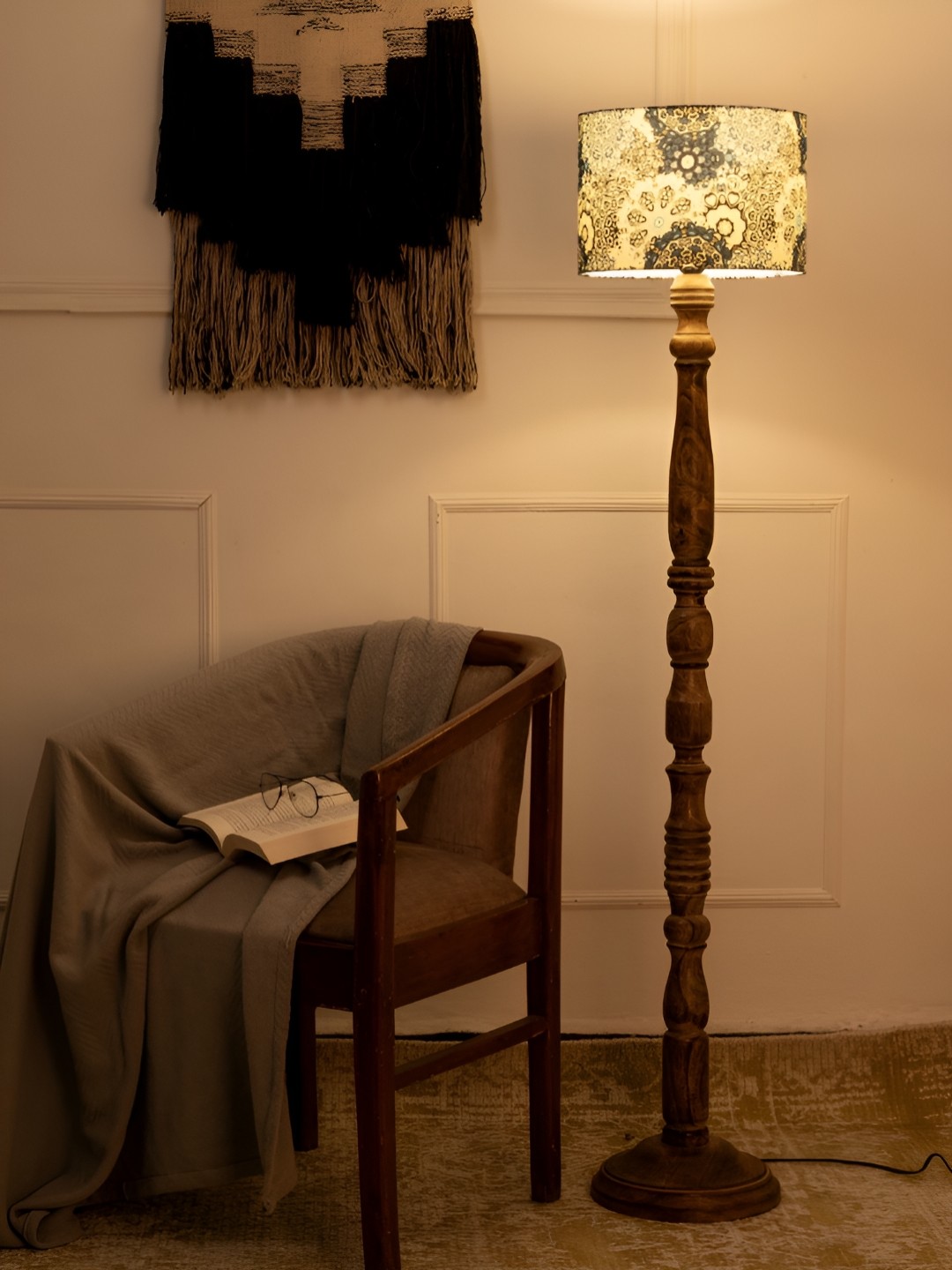 

green girgit Brown & Blue Printed Wooden Jute Cylinder Shaped Floor Lamp
