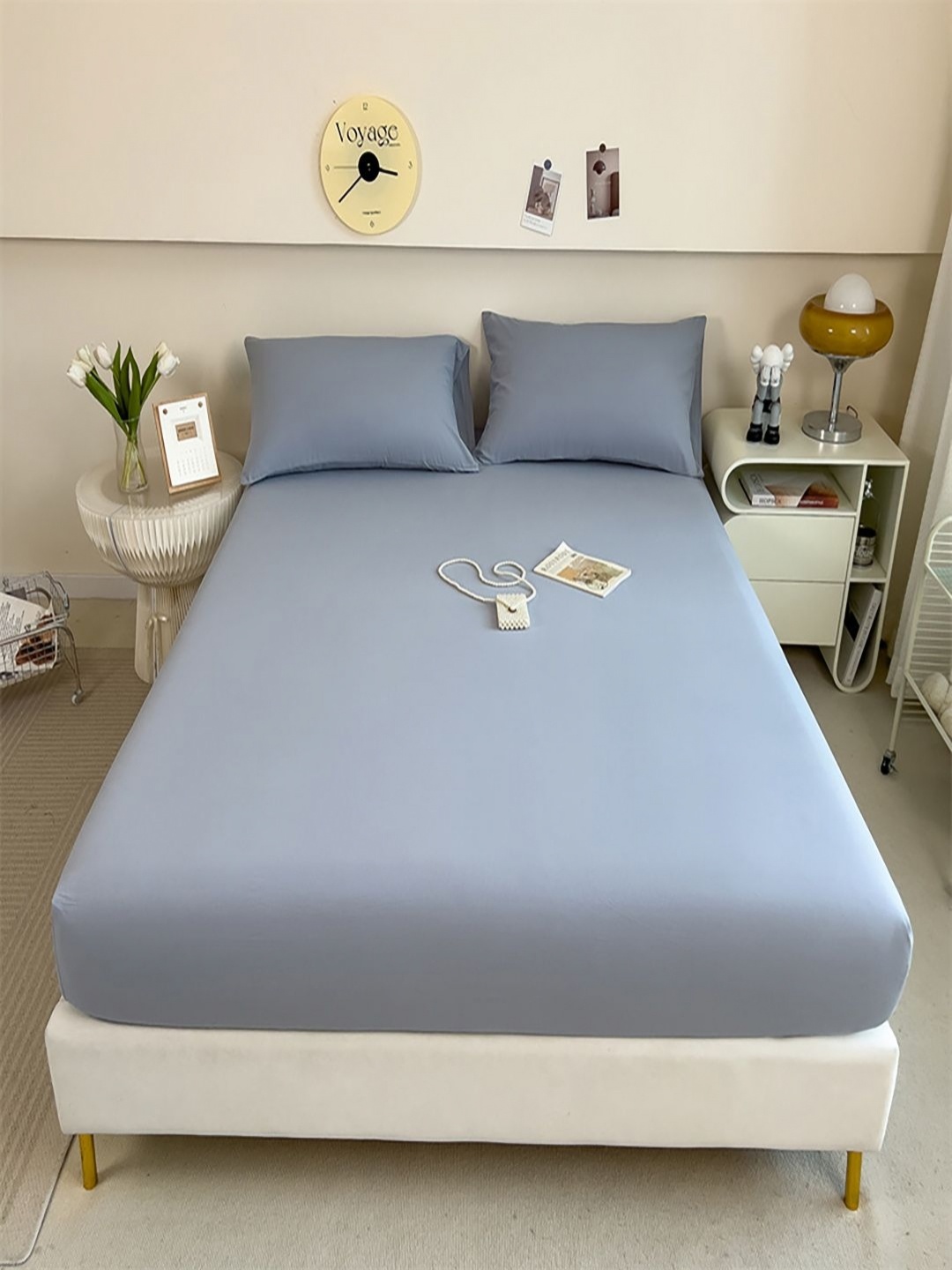 

JC HOME Blue Solid Cotton 220 TC Fitted King Bedsheet Set 2.43m x 2.64m