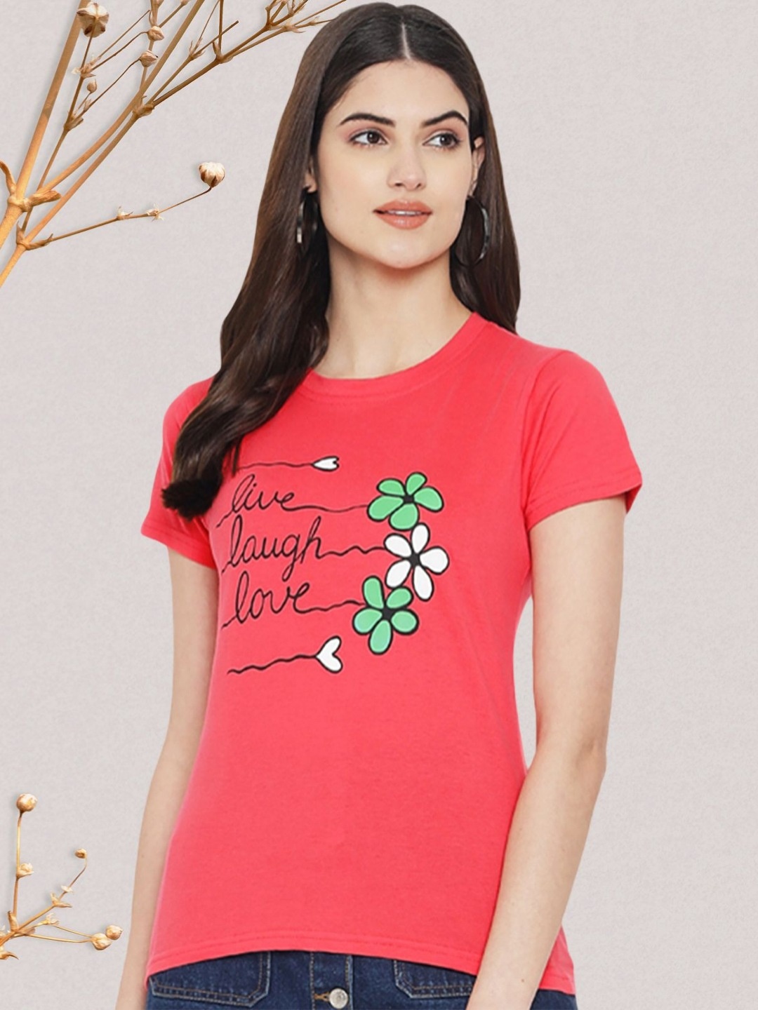 

Dreambe Women Graphic Printed Round Neck Cotton T-shirt, Pink