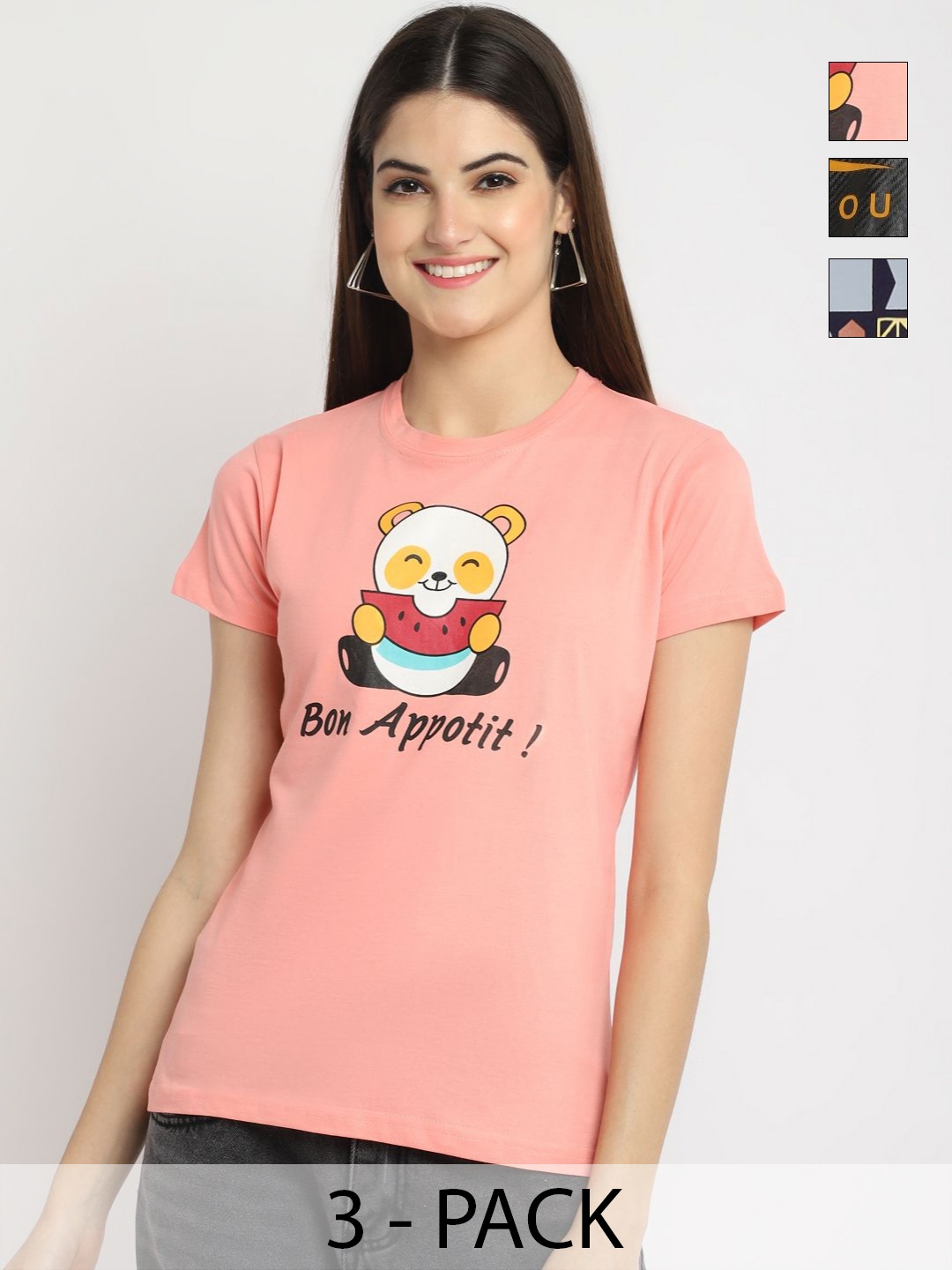 

Dreambe Women Pack of 3 Graphic Printed Round Neck Cotton T-shirts, Peach
