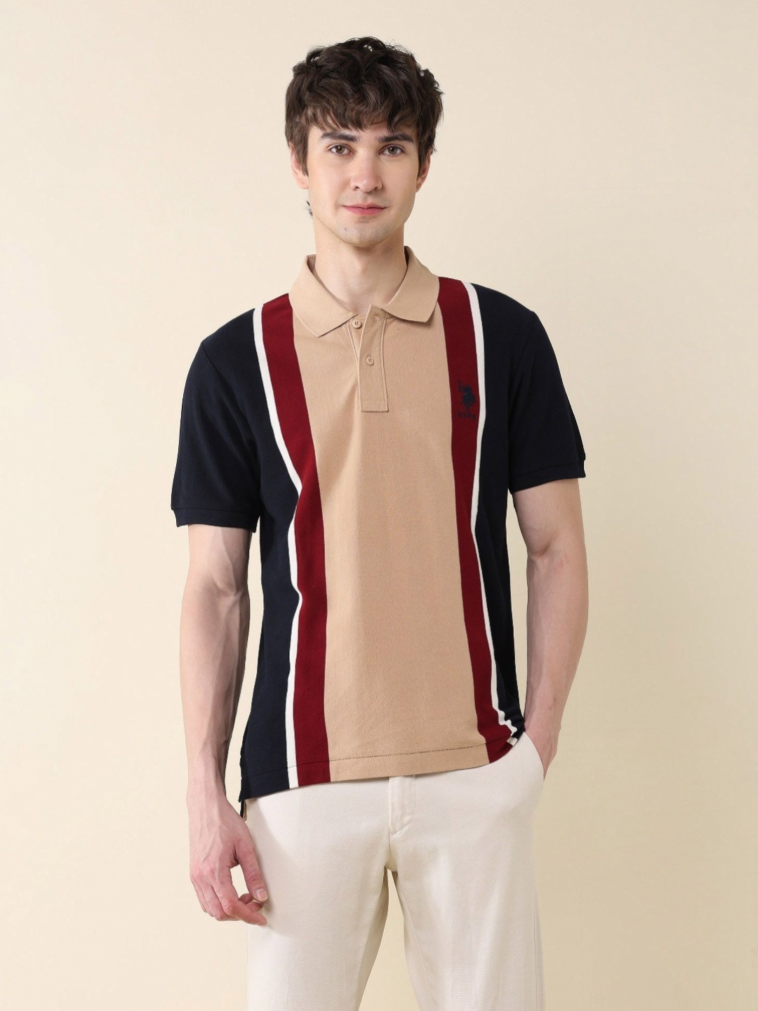 

U.S. Polo Assn. Men Striped Polo Collar Cotton T-shirt, Beige