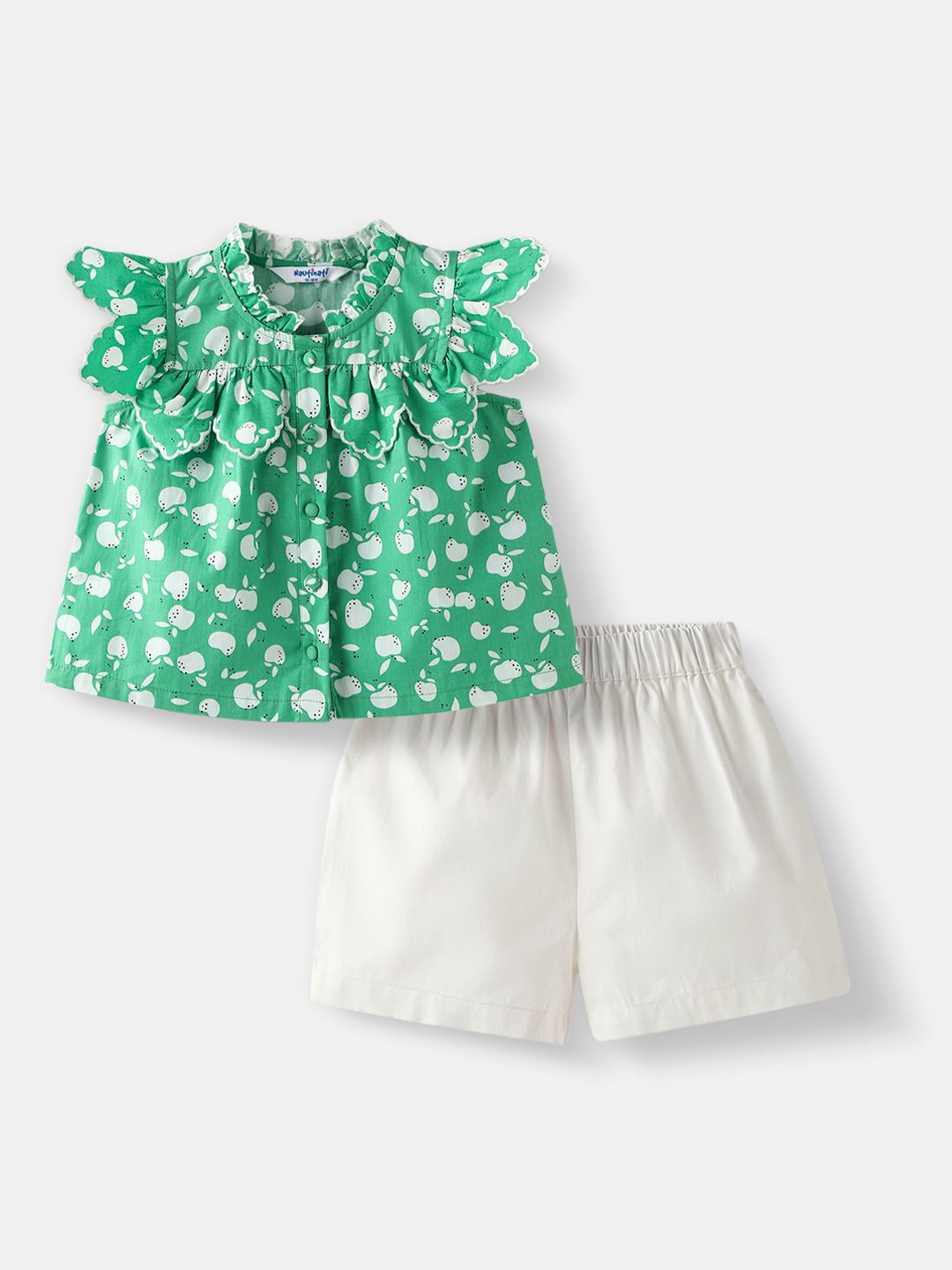 

Nauti Nati Girls Printed Ruffle Sleeves Pure Cotton Top With Shorts, Green