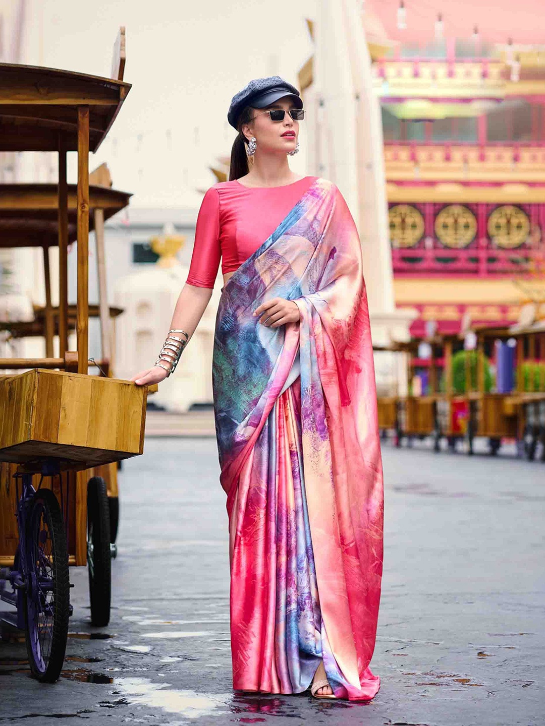 

Blissta Floral Satin Saree, Blue