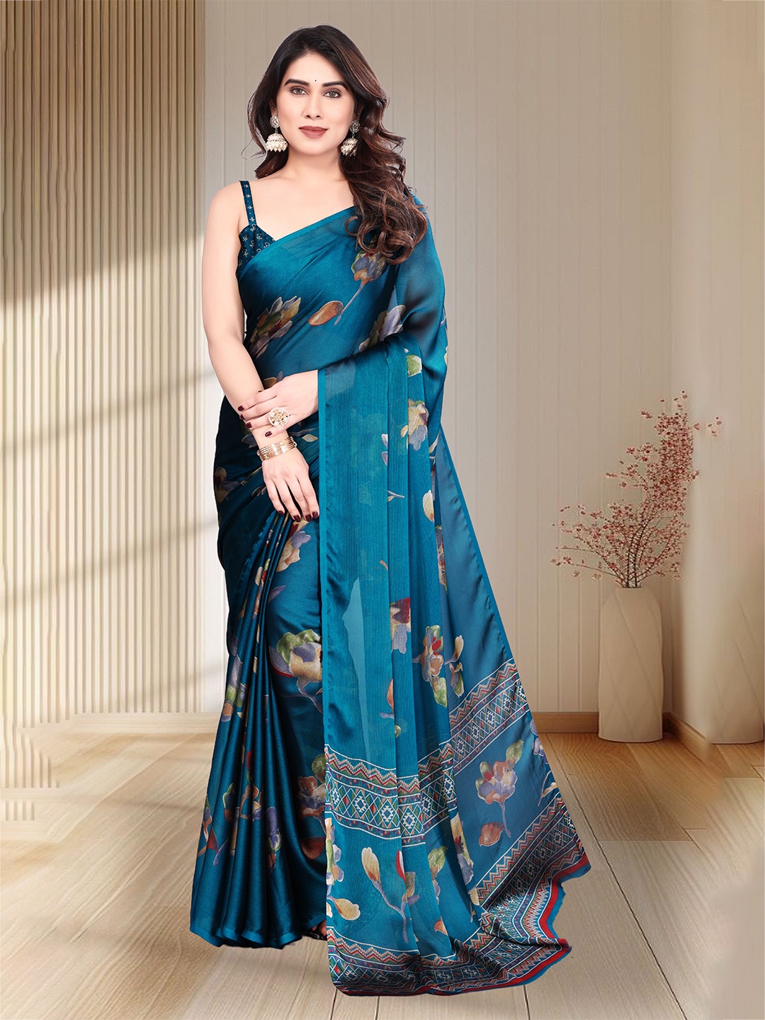 

SUPERLAXMI Pure Chiffon Floral Printed Saree With Unstitched Blouse Piece, Teal
