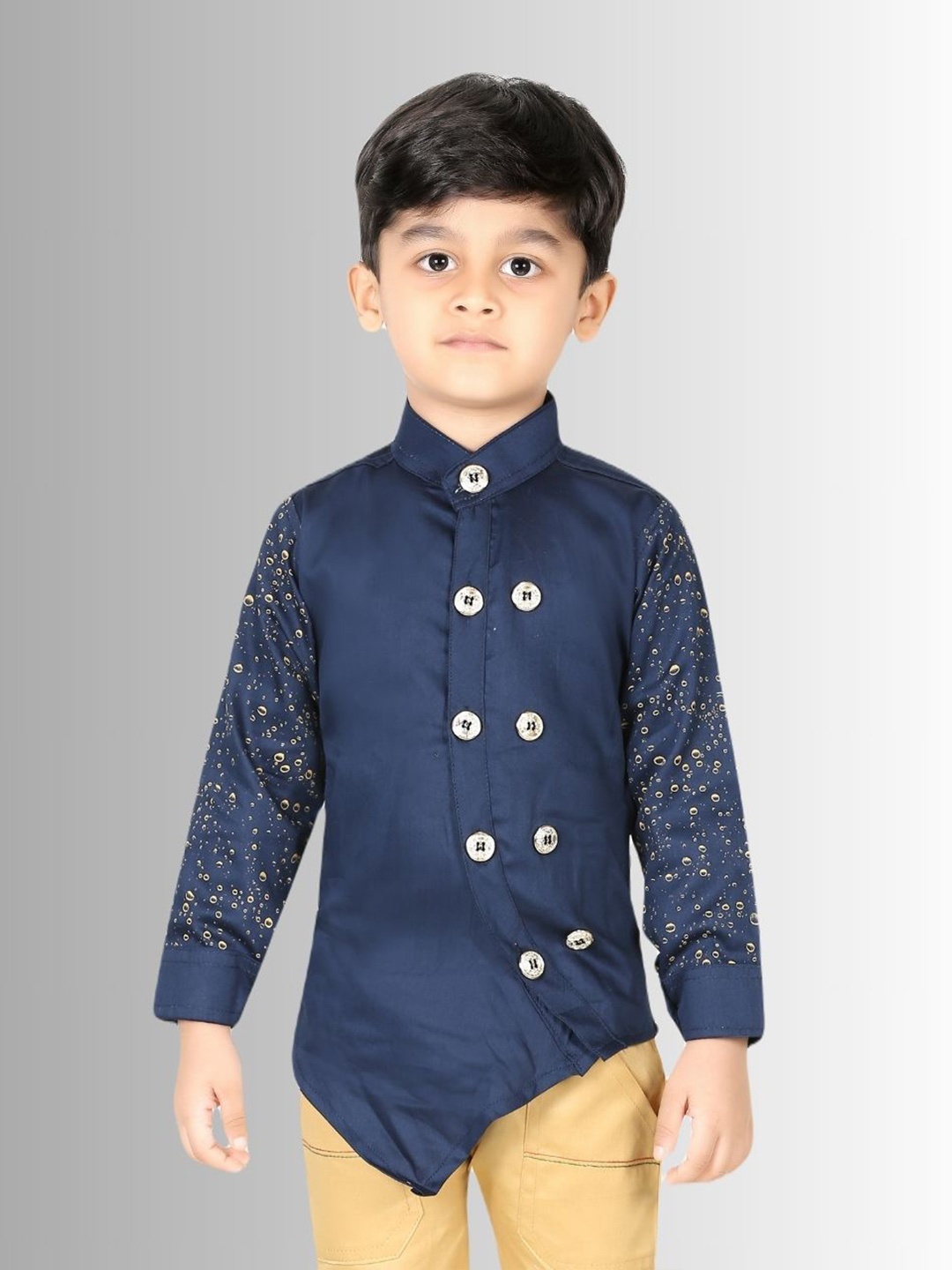 

BAESD Boys Classic Fit Band Collar Abstract Printed Cotton Casual Shirt, Navy blue