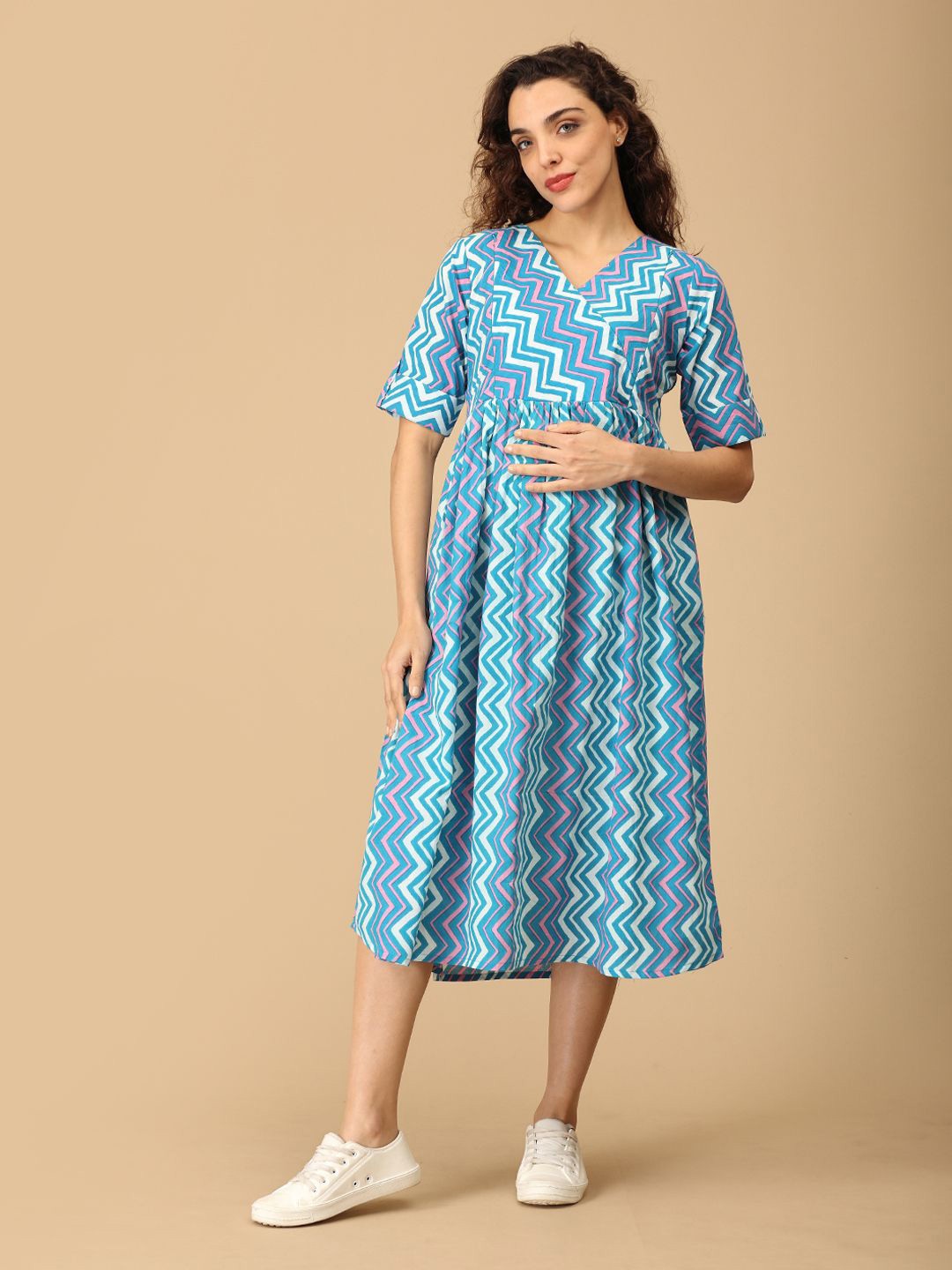 

The Mom Store Cotton Abstract Print Maternity Fit & Flare Midi Dress, Blue