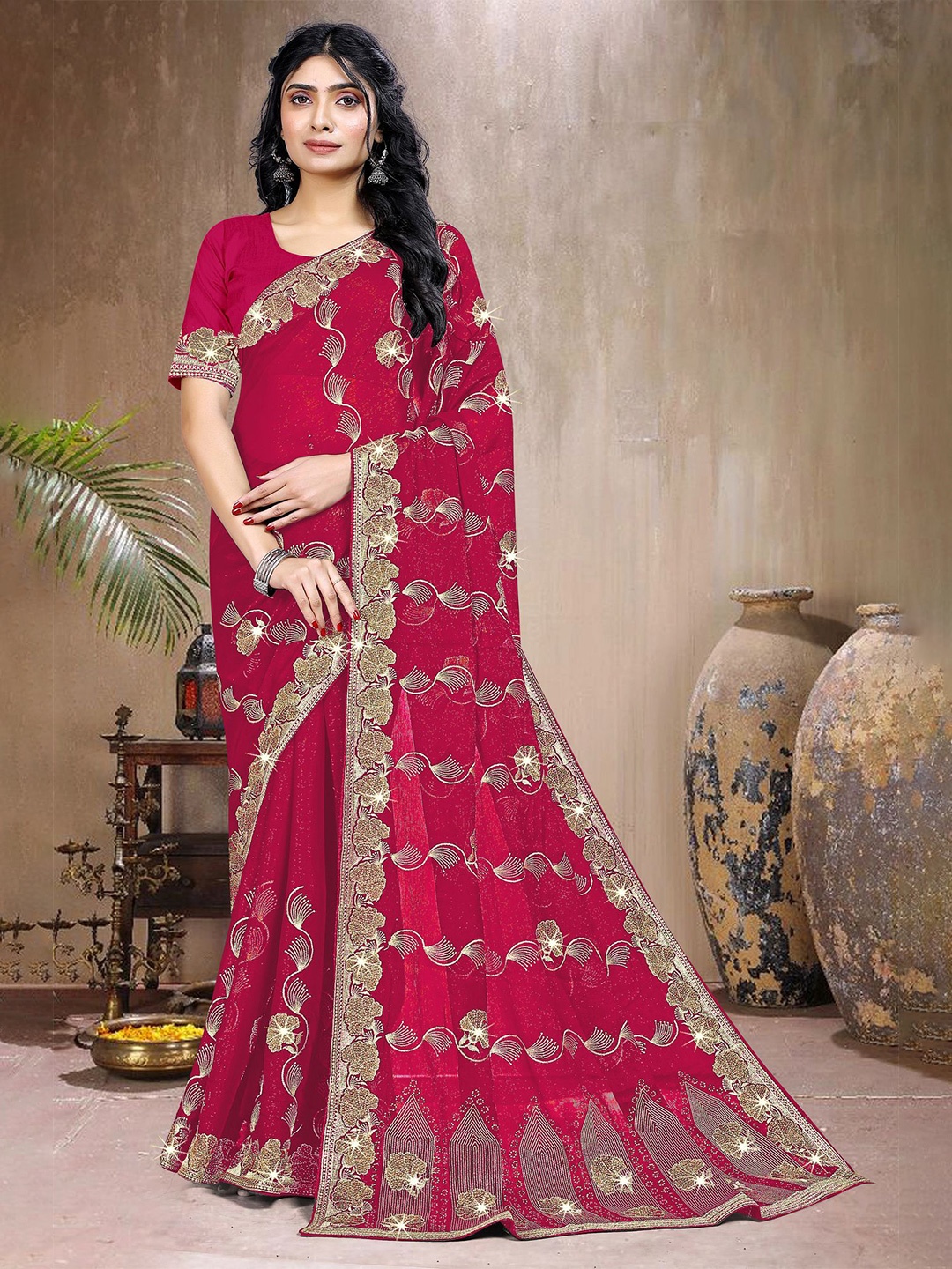 

ANJANI TEXTILE Floral Beads and Stones Tissue Saree, Pink