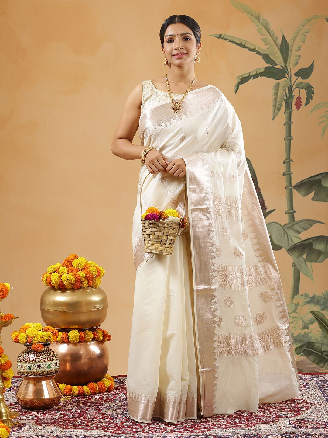 

Kalyan Silks Woven Design Zari Pure Cotton Kasavu Saree, Off white