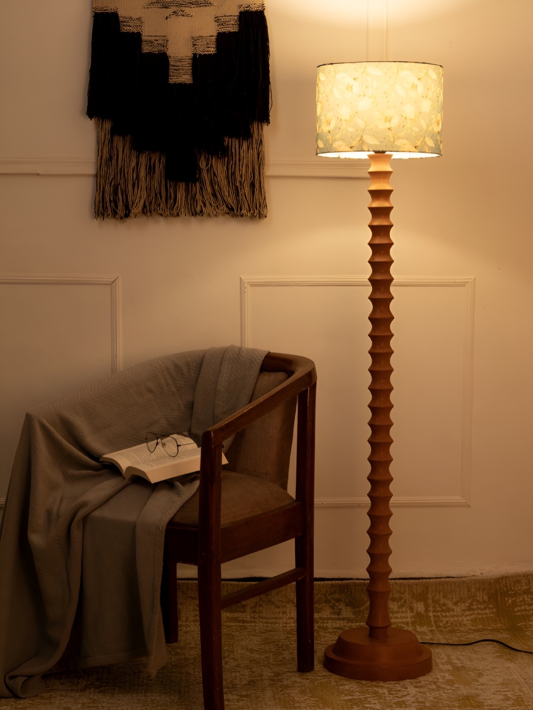 

green girgit Brown & White Floral Printed Cylindrical Wooden Drum Floor Lamp