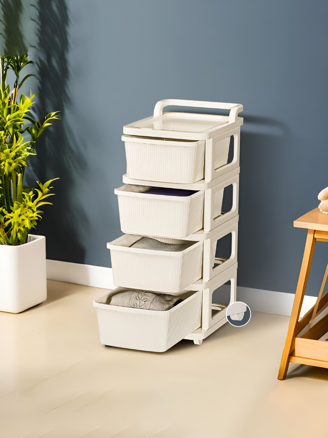 

Kuber Industries Cream-Colored Textured 4-Layer Storage Drawer Organizer with Wheels