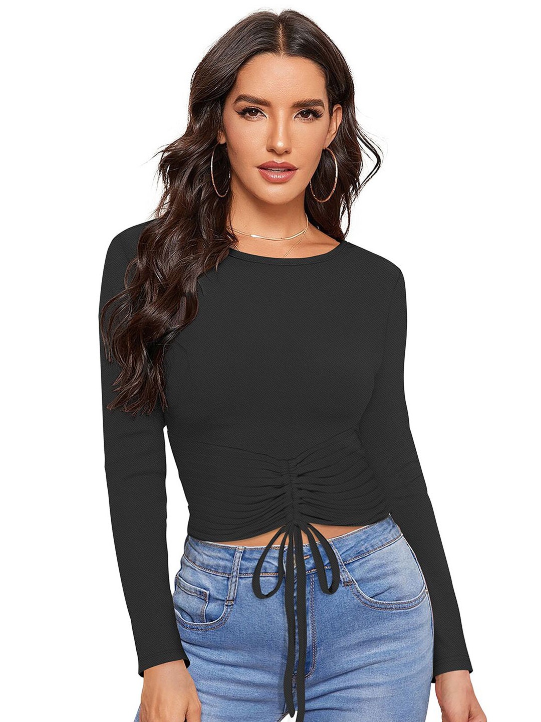 

S.K.C Women Round Neck Long Sleeves Solid Knitted and Woven Top, Black