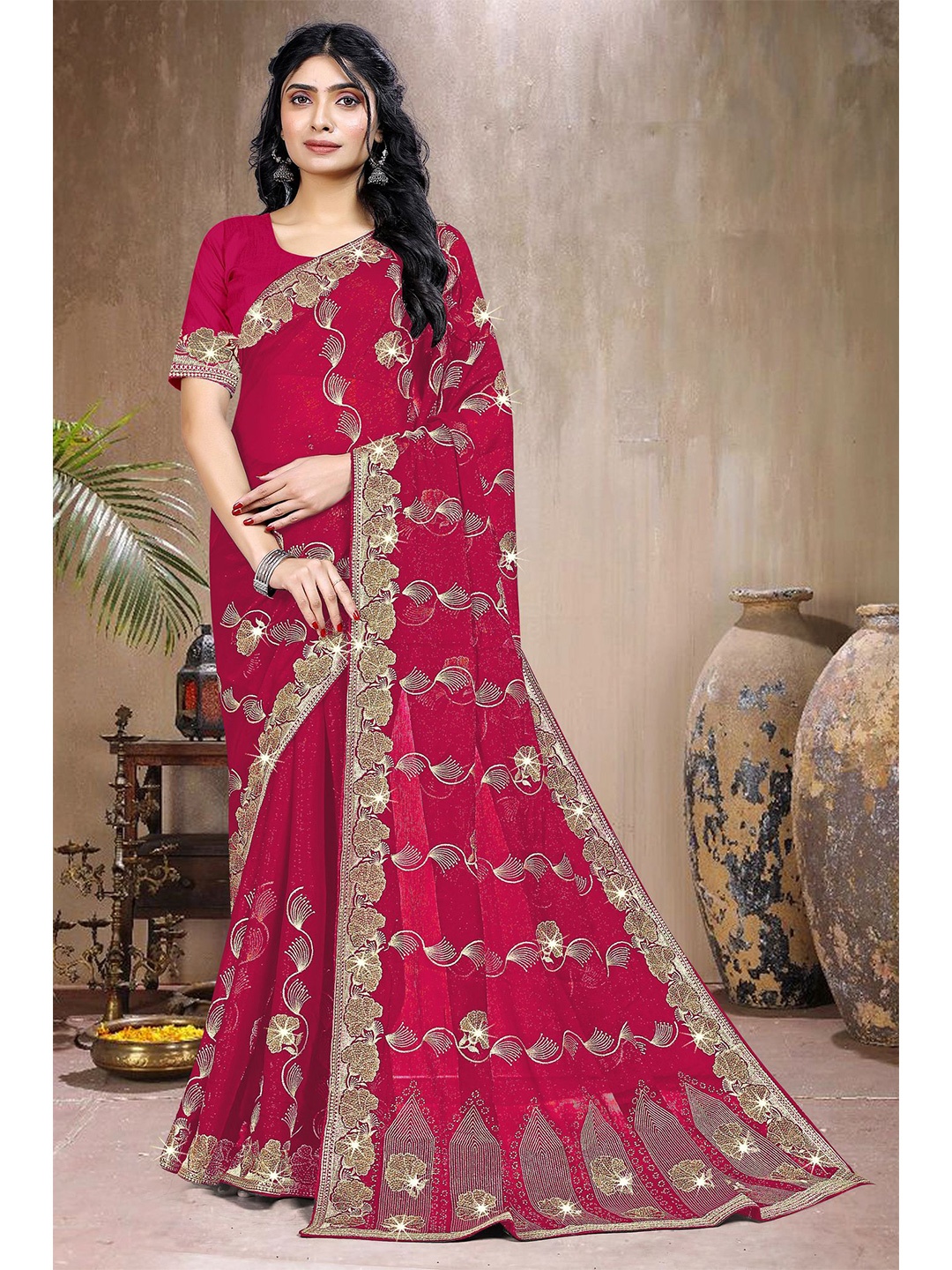 

ANJANI TEXTILE Embellished Beads and Stones Saree, Pink
