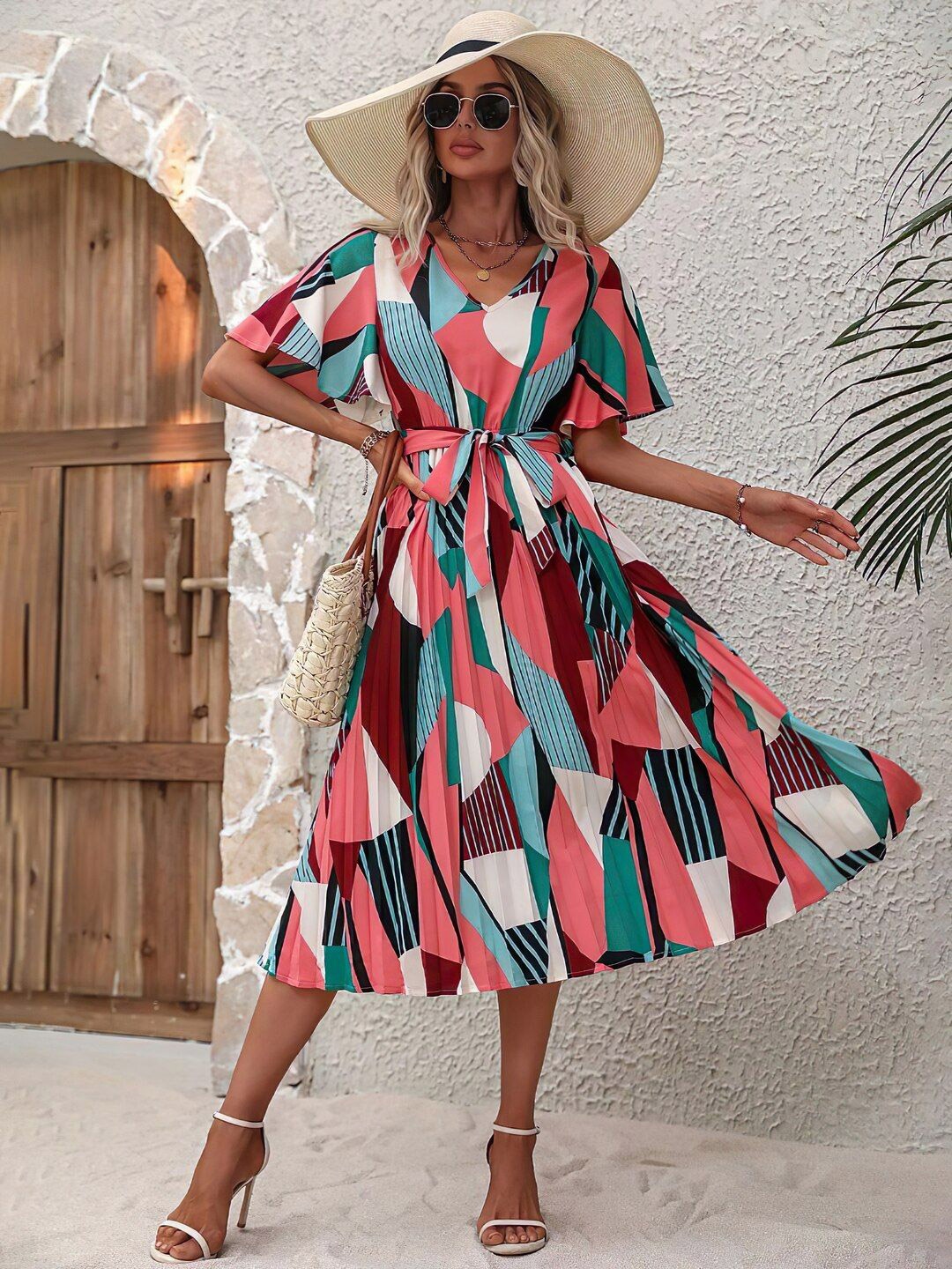 

OTABU Women Abstract Print Flared Sleeves Midi A-Line Dress, Multi