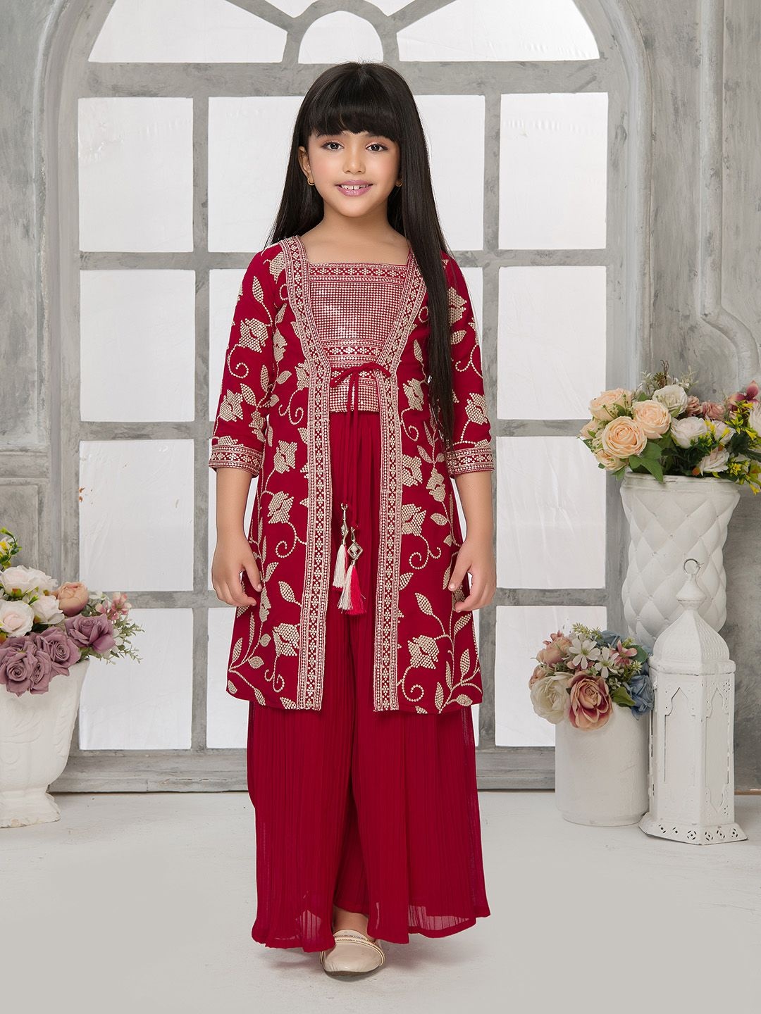 

Tiny Kingdom Girls Floral Embroidered Square Neck Sequinned Top With Palazzo & Shrug, Pink