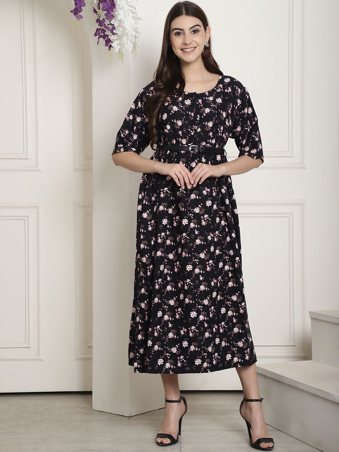 

Metronaut Women Floral Print Fit & Flare Midi Dress, Black