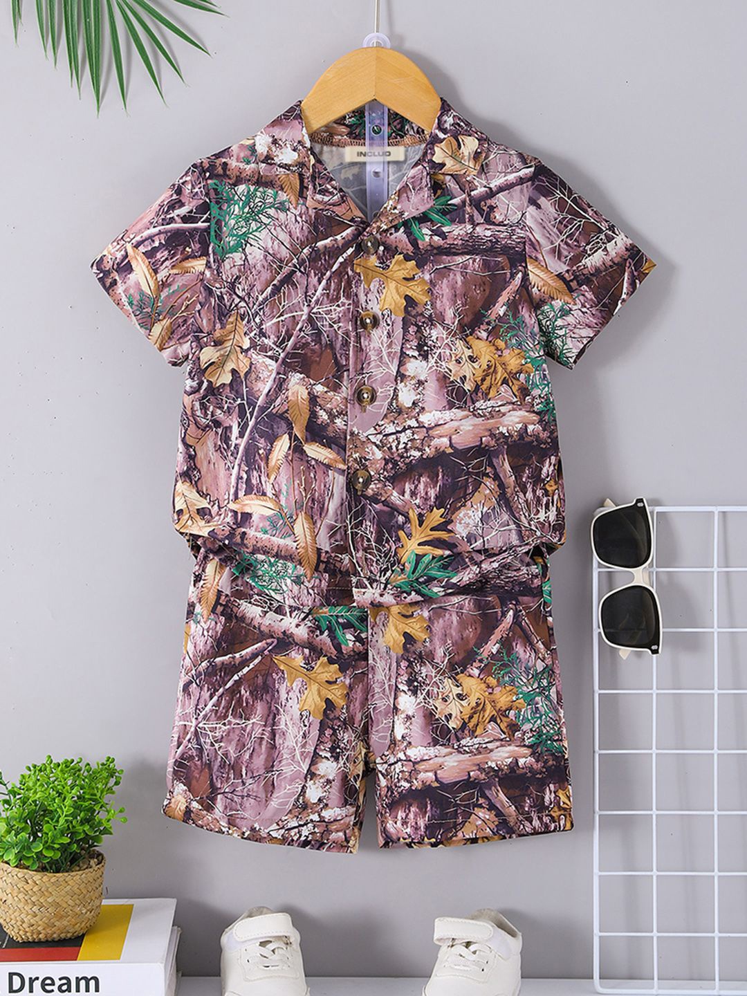 

INCLUD Boys Floral Printed Shirt With Shorts, Purple