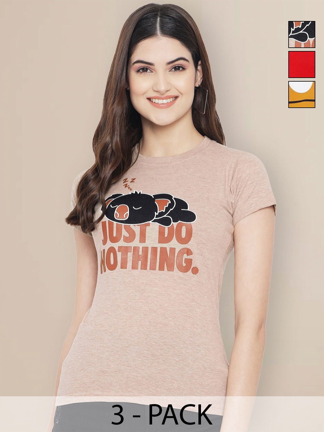 

Metronaut Pack Of 3 Typographic Printed Round Neck T-shirt, Brown