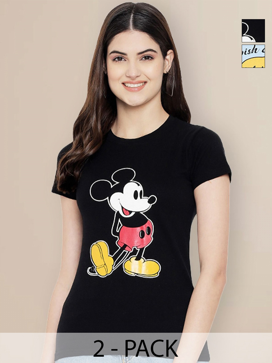 

GLOBAL NOMAD Pack Of 2 Mickey Mouse Printed Cotton T-shirts, Black
