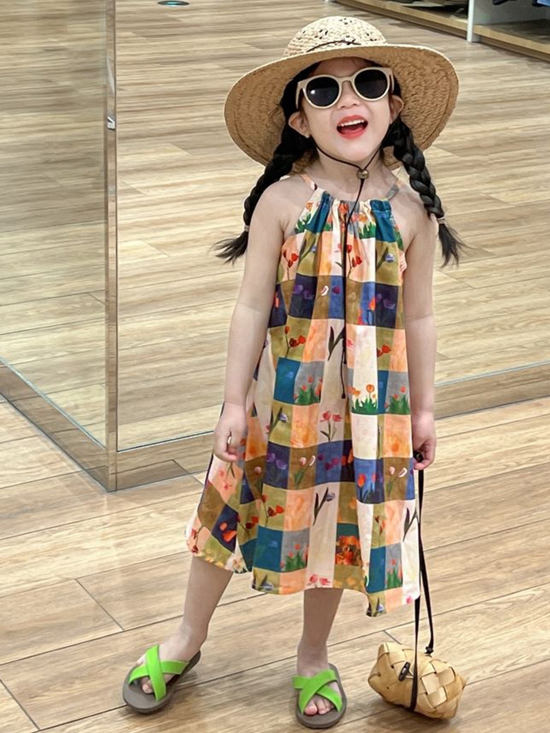 

LULU & SKY Girls Colourblocked Floral Printed Trapeze Dress, Orange