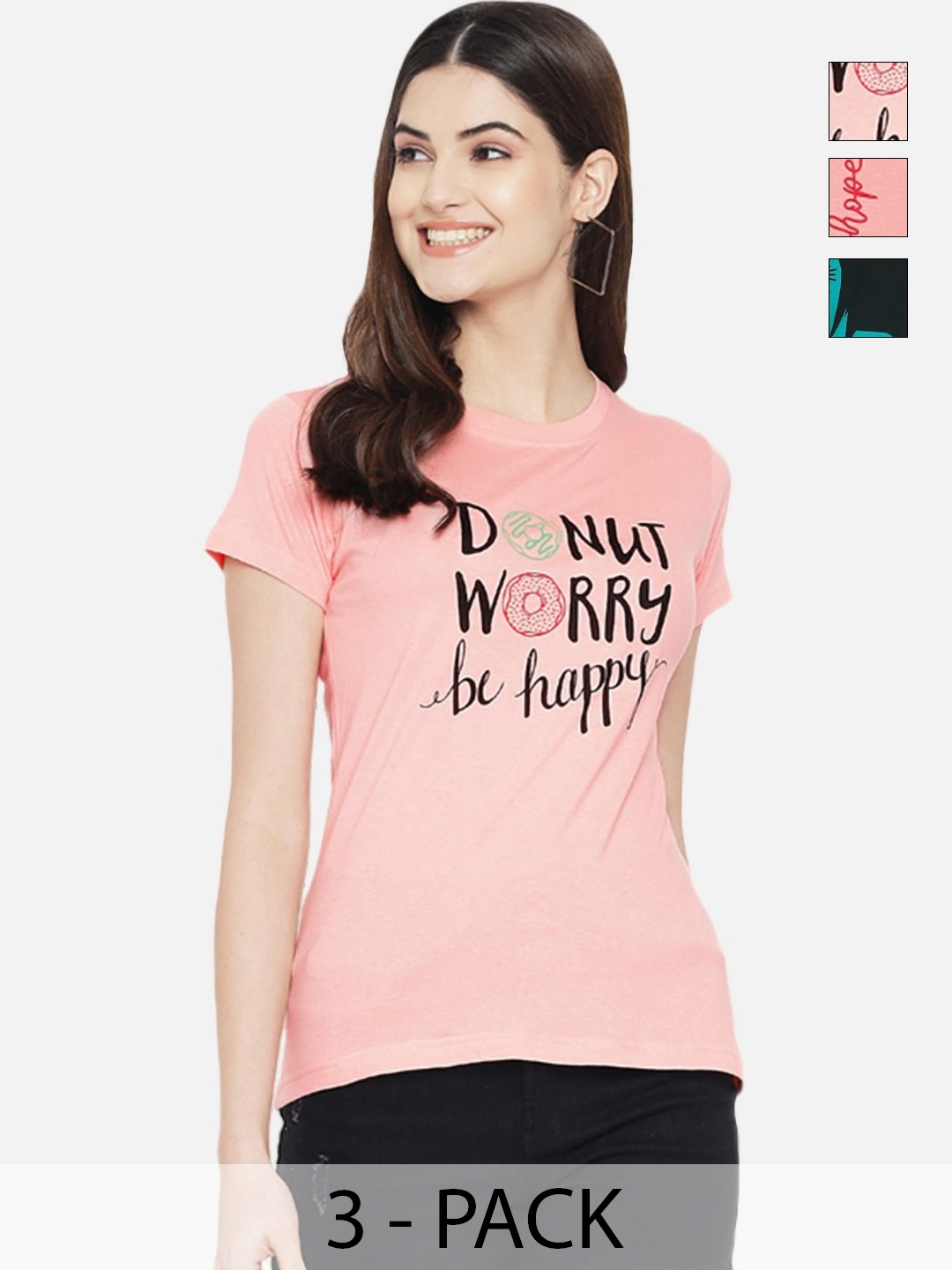 

Dreambe Women Pack of 3 Typography Printed Round Neck Cotton T-shirts, Peach
