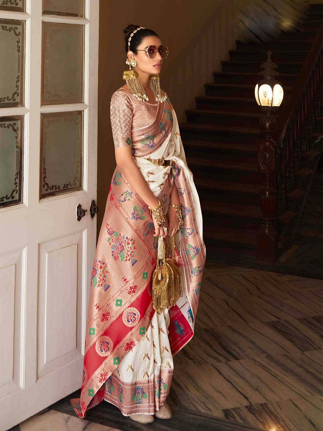 

KIMISHA Woven Design Zari Pure Georgette Paithani Saree, Off white