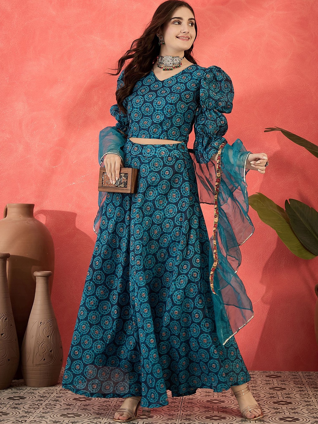 

Sangria Digital Printed Puff Sleeves Lehenga With Choli & Dupatta, Blue