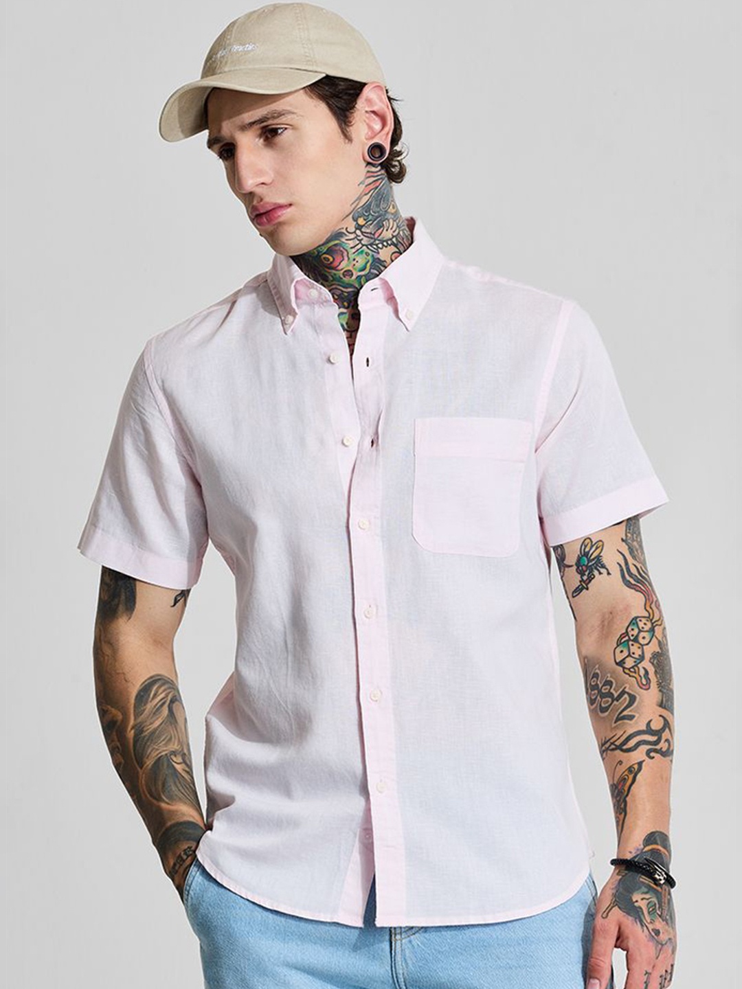 

Snitch Men Button-Down Collar Solid Cotton Linen Casual Shirt, Pink