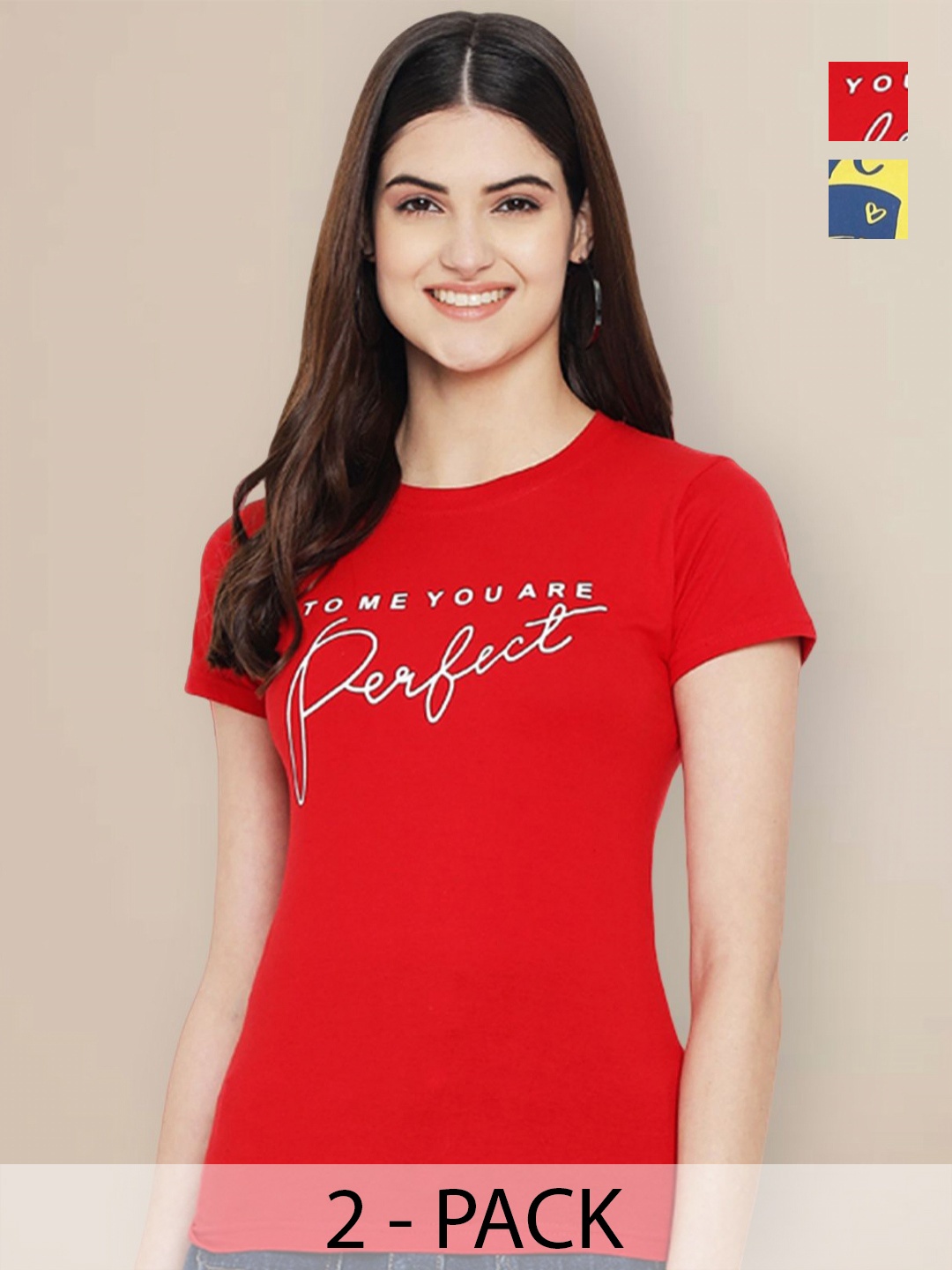 

GLOBAL NOMAD Women Pack of 2 Typography Printed Round Neck Cotton T-shirts, Red