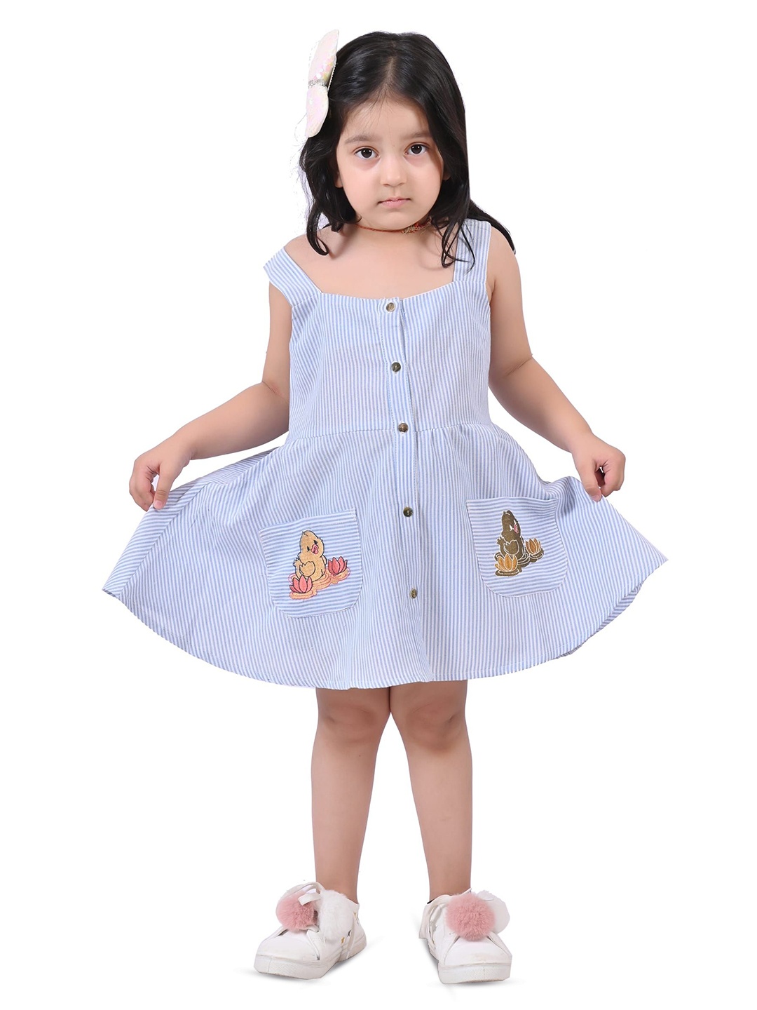 

Cloth Bites Girls Embroidered Shoulder Straps Neck A-Line Dress, Navy blue