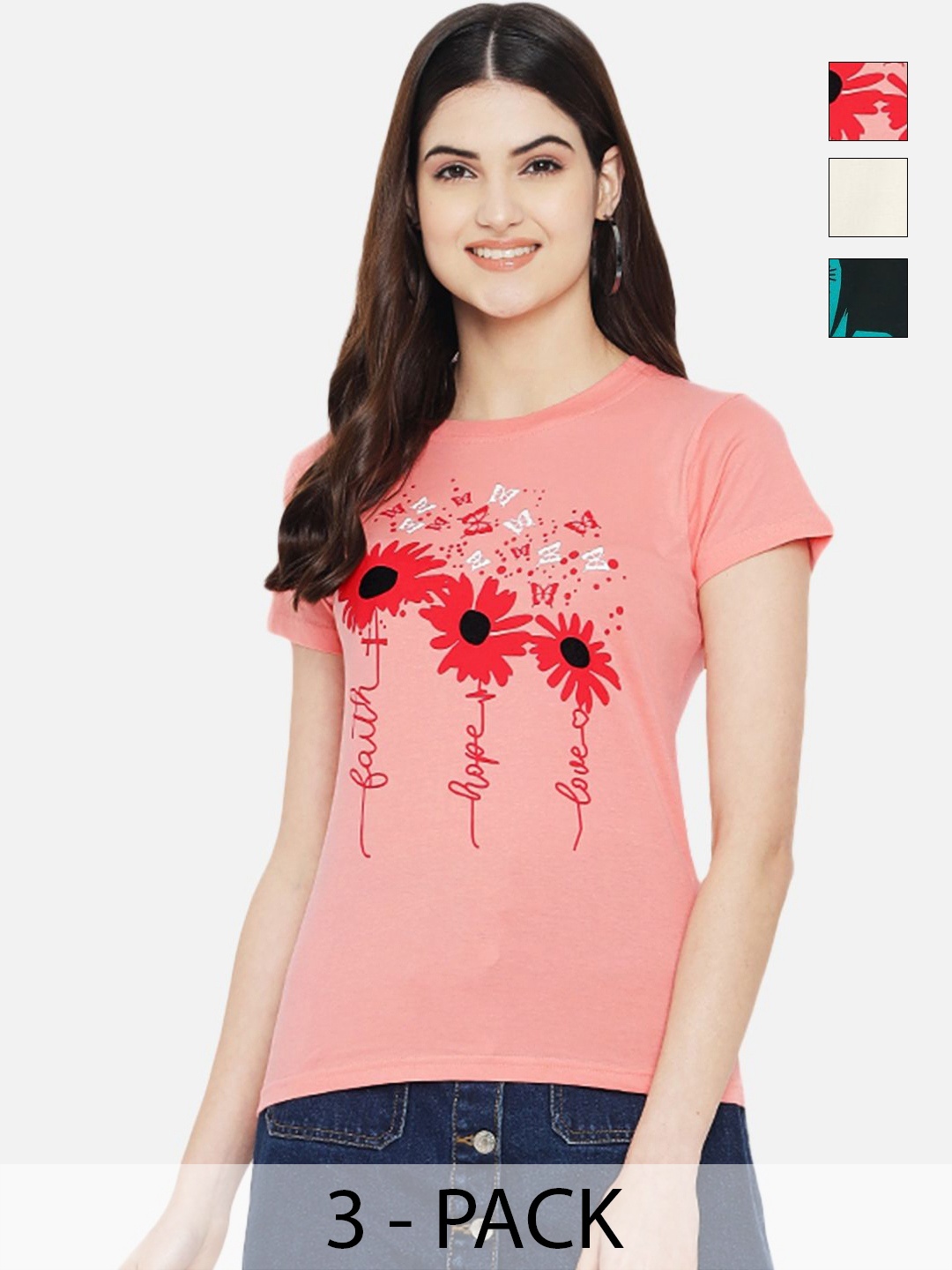 

Dreambe Women Pack of 3 Graphic Printed Round Neck Cotton T-shirts, Peach