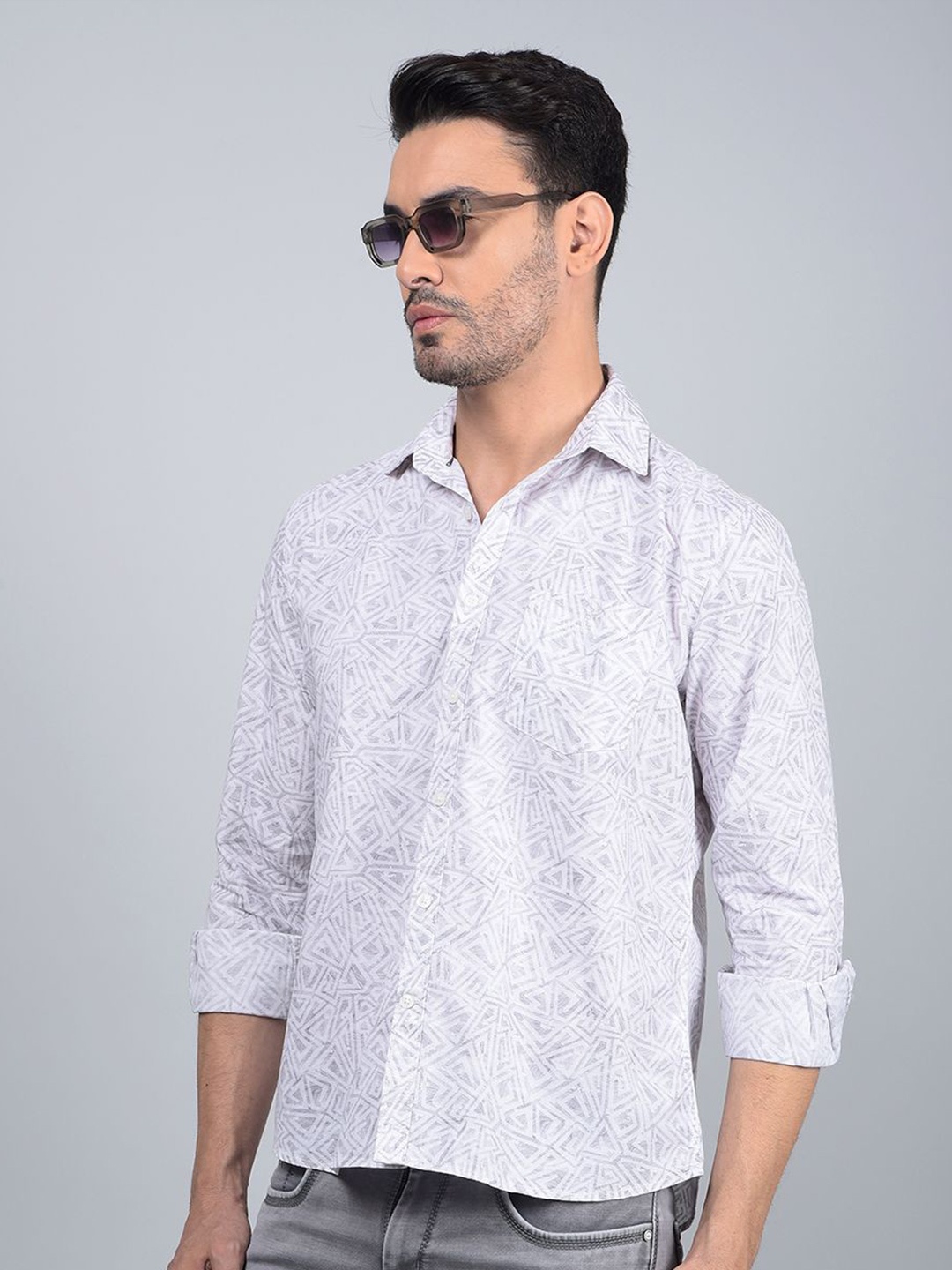 

Crimsoune Club Men Classic Slim Fit Geometric Printed Casual Shirt, White