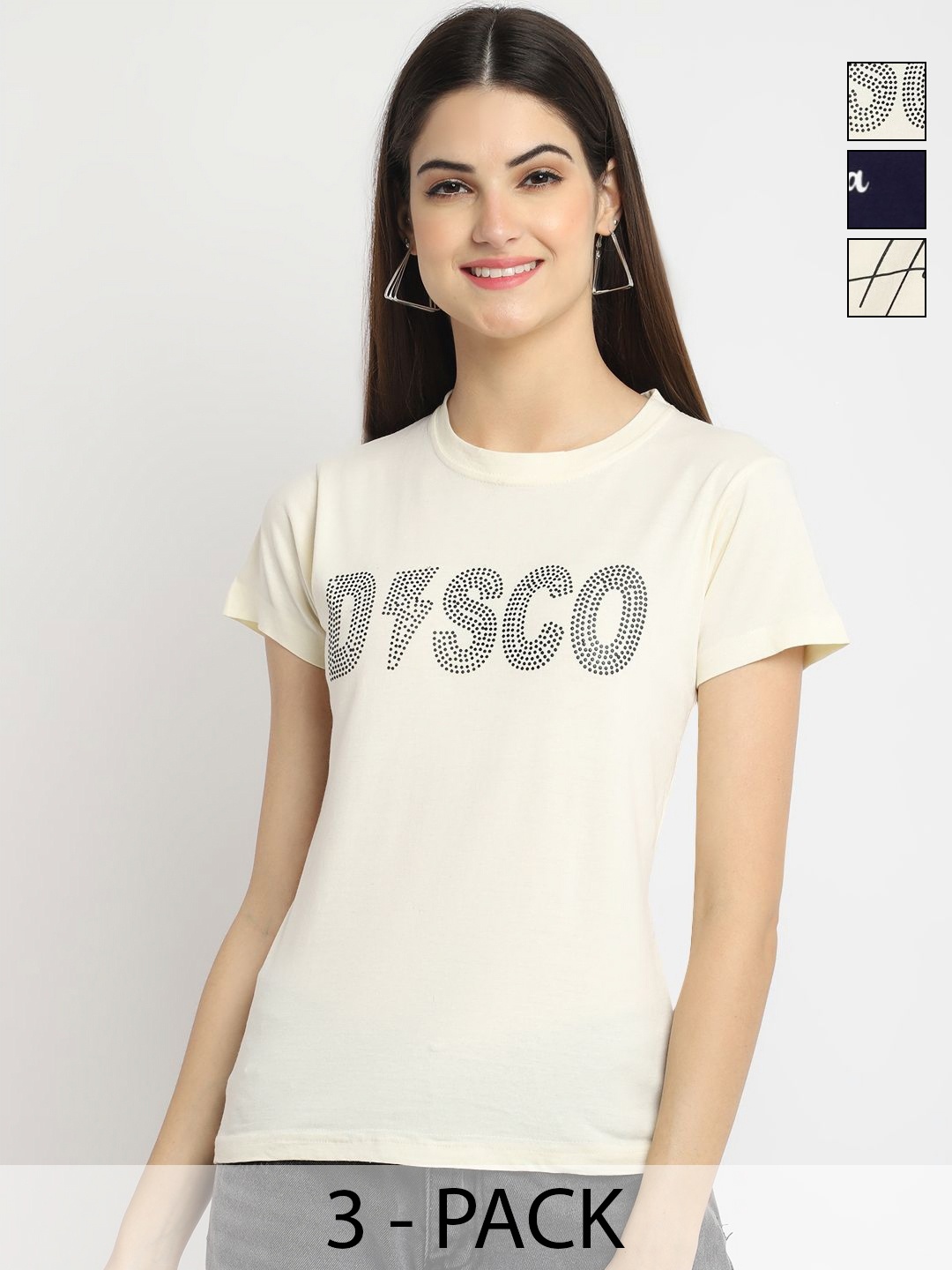 

Dreambe Women Pack of 3 Typography Printed Round Neck Cotton T-shirts, Cream