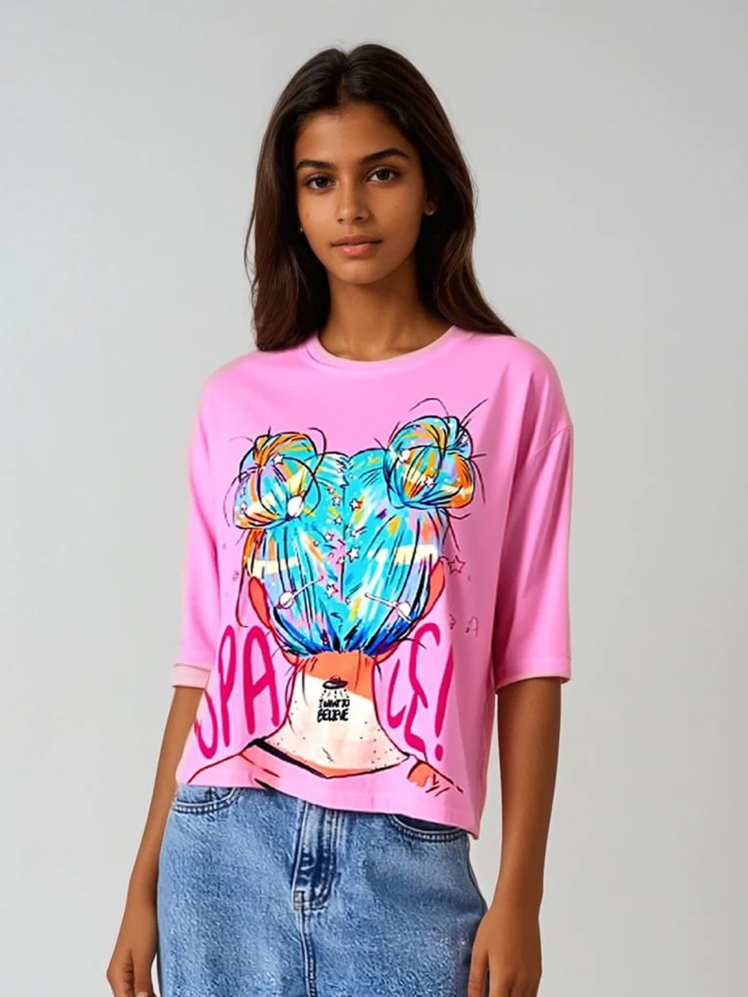 

popstop Women Graphic Printed Round Neck Cotton Oversized T-shirt, Pink