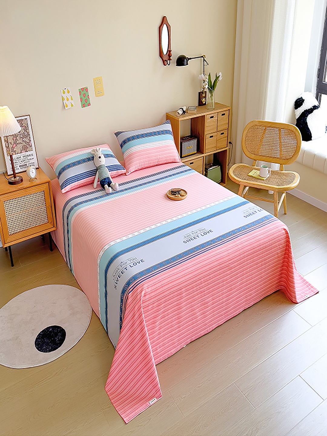 

JC HOME Pink & Blue Striped 140 TC Single Bedsheet with 1 Pillow Covers