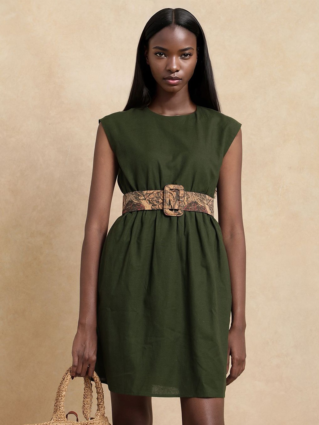 

RAREISM RONAS PRIMARY OLIVE Women A-Line Above Knee Dress With Belt