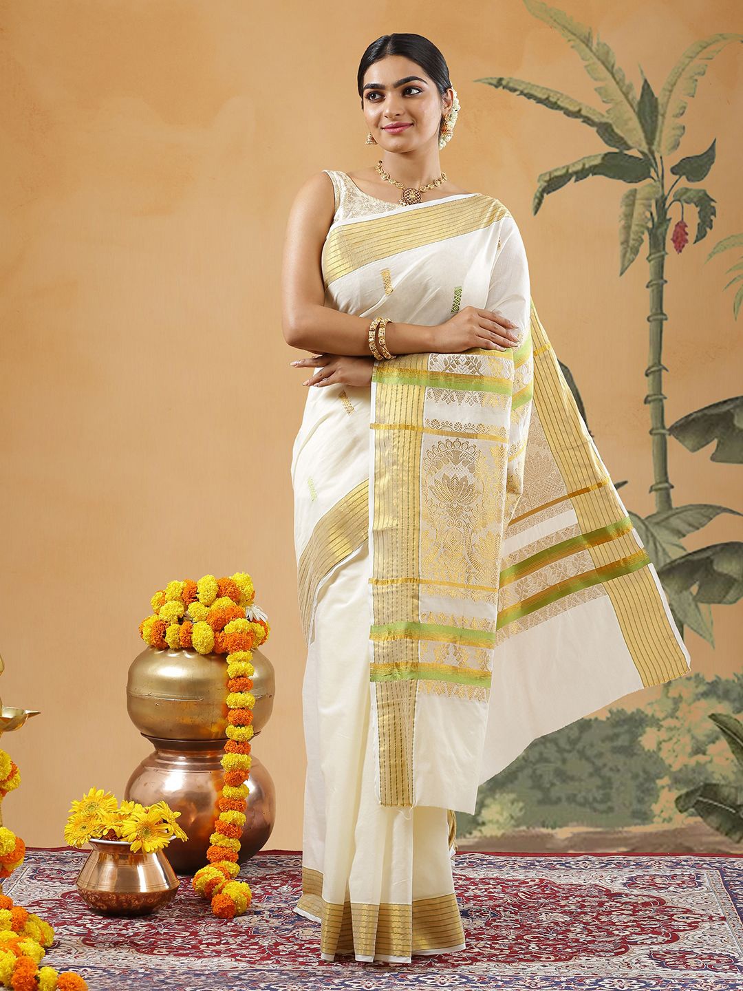 

Kalyan Silks Woven Design Zari Pure Cotton Kasavu Saree, Off white