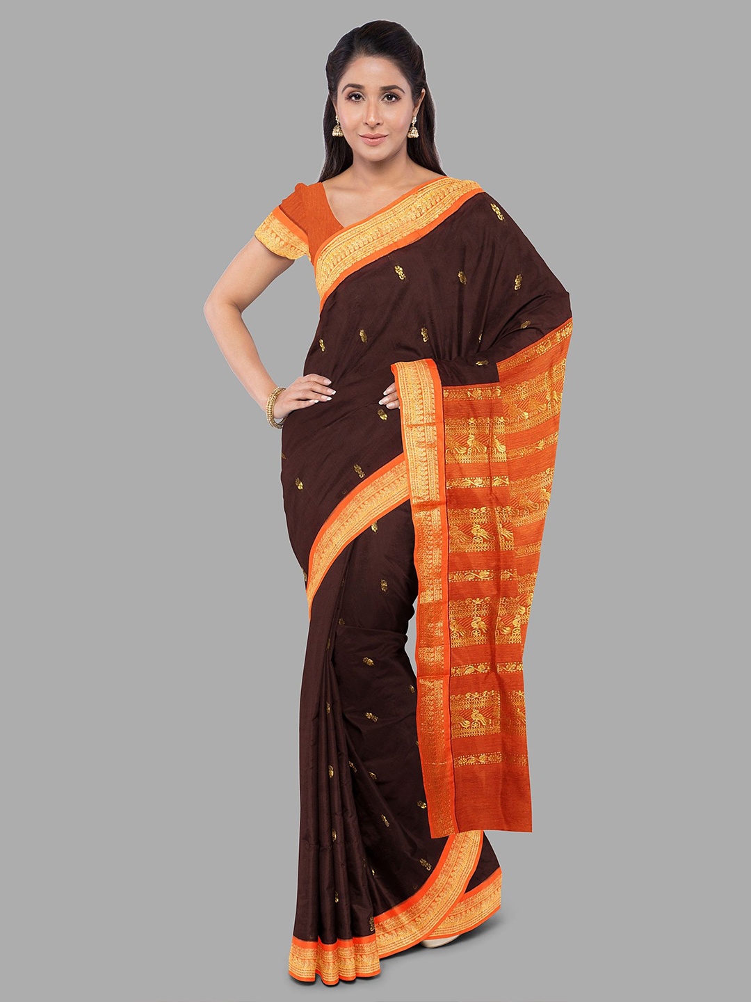 

The Chennai Silks Woven Design Zari Saree, Brown